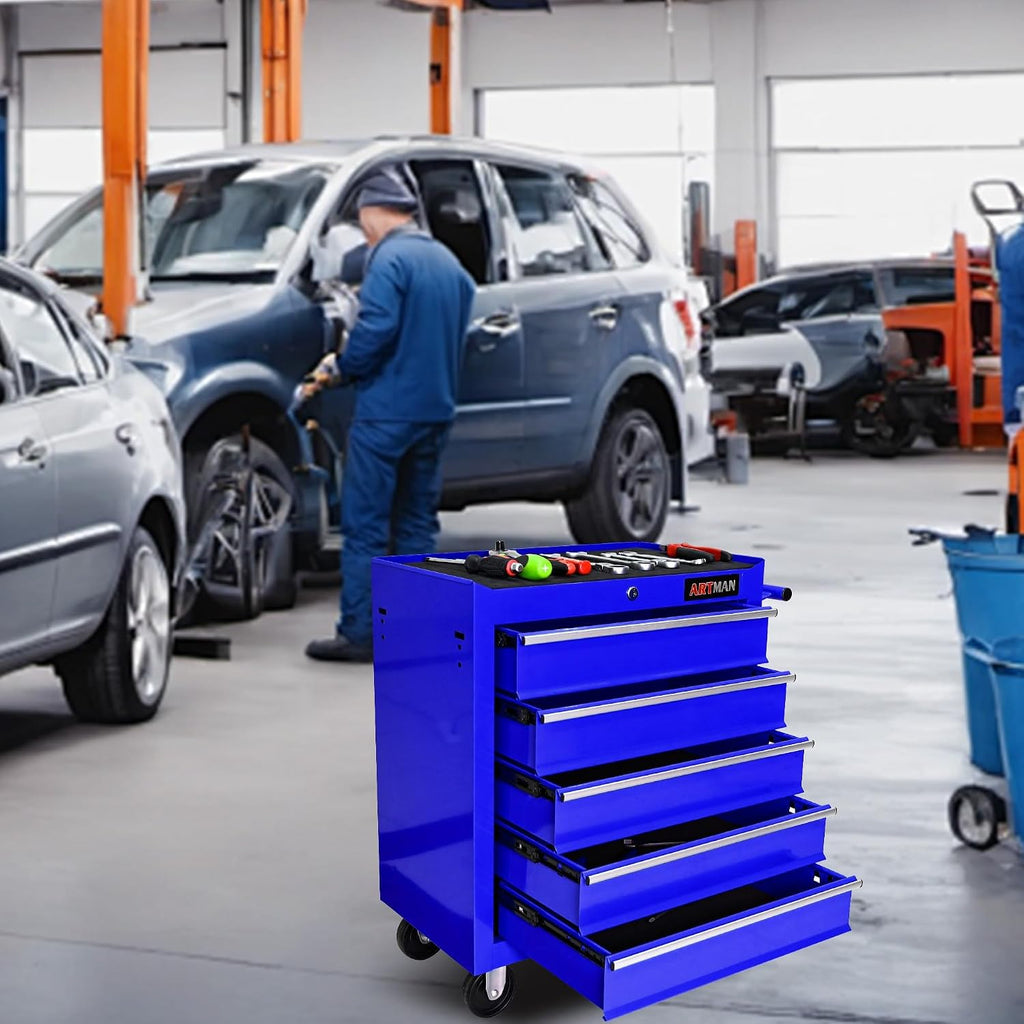 5 Large Drawers Rolling Tool Cart on Wheels, Trolley Organizer Tool Case Chest, Multifunctional Storage Tool Box for Workshop, Garage, Warehouse, Repair Shop (24.2' W×12.9' D×29.9' H-Blue)
