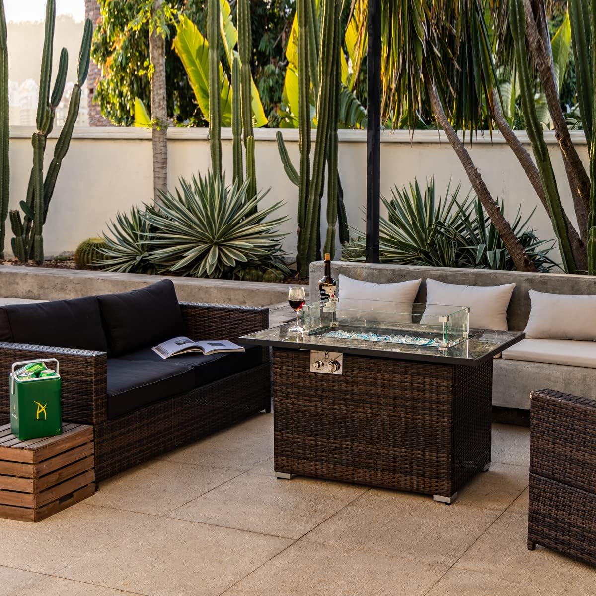 44in Outdoor Propane Gas Fire Pit Table, 50,000 BTU Auto-Ignition Gas Firepit with Glass Wind Guard, Marble Tile Tabletop, Mixed Color Glass Rocks, Brown PE Rattan…