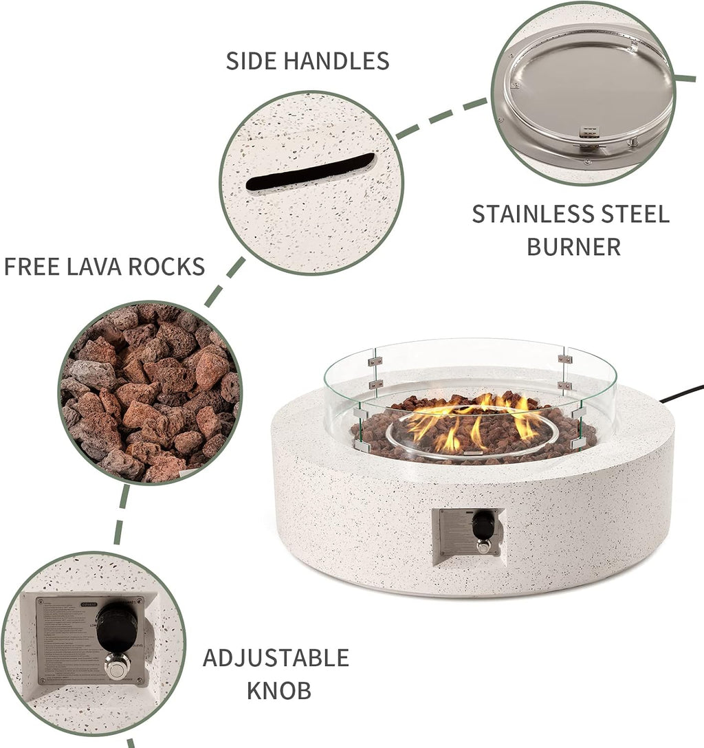 COSIEST 2-Piece Outdoor Propane Firepit Table Set w Tank Table, 42 inch Dark Fire Table Certified, 50,000 BTU w Beige Round Base,Wind Guard and 16 inches Tank Side Table 20lb for Garden,Pool