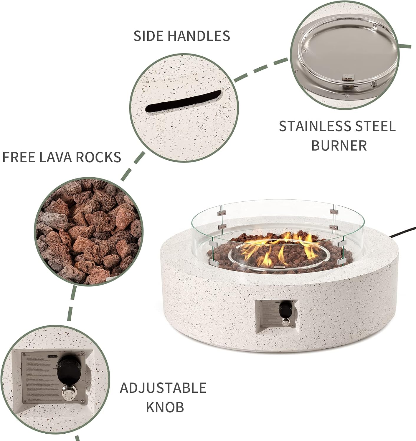 COSIEST 2-Piece Outdoor Propane Firepit Table Set w Tank Table, 42 inch Dark Fire Table Certified, 50,000 BTU w Beige Round Base,Wind Guard and 16 inches Tank Side Table 20lb for Garden,Pool