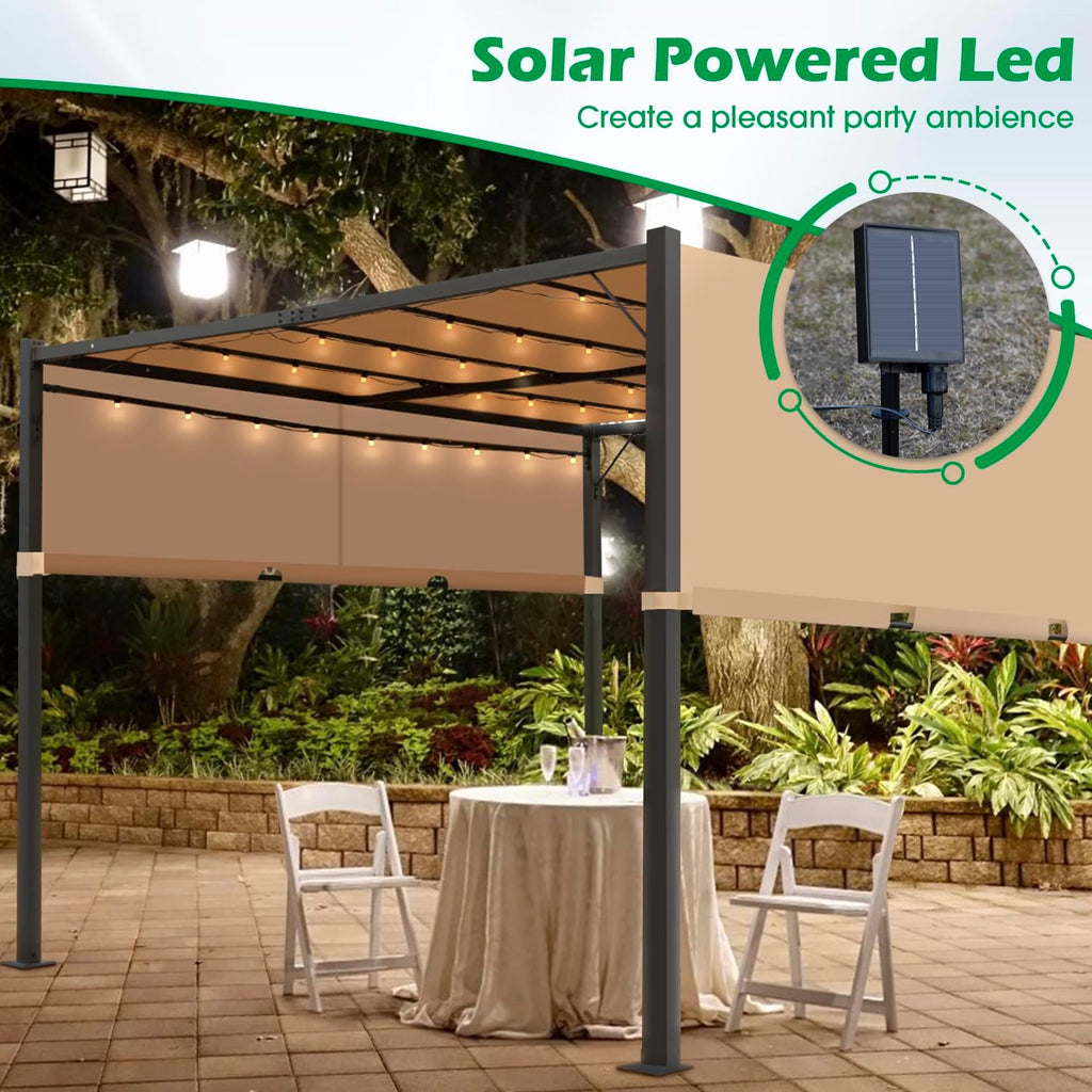 10'x10' FT Heavy-Duty Outdoor Pergola Aluminum Pergola with Retractable Sun Shade Canopy and Solar LED Lights, for Garden, Deck, and Backyard (TAN)