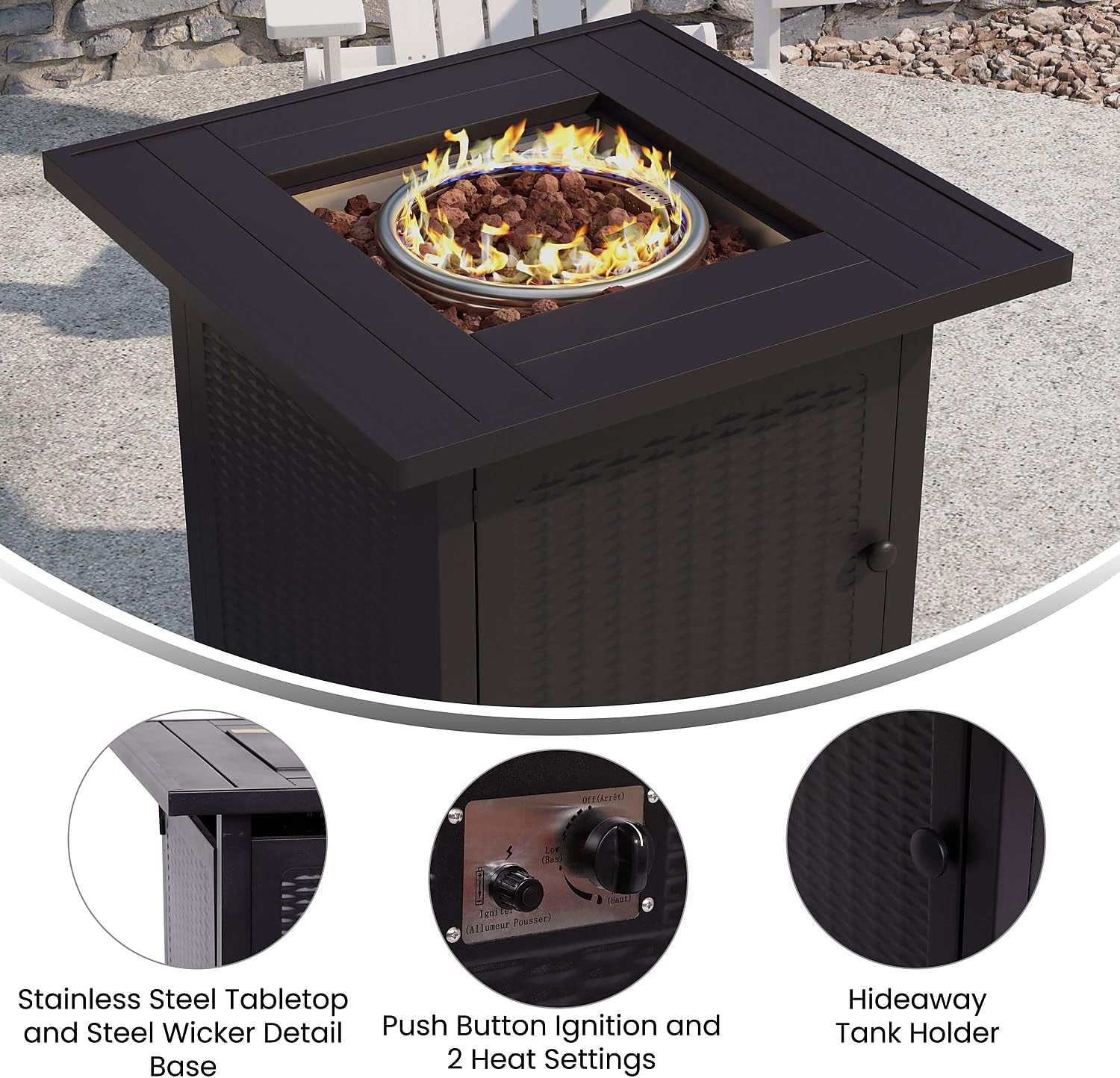 Flash Furniture Olympia 50,000 BTU Outdoor Propane Gas Fire Pit Table - Black Stainless Steel Tabletop and Steel Wicker Detail Base - 28' Square - Included Lava Rocks