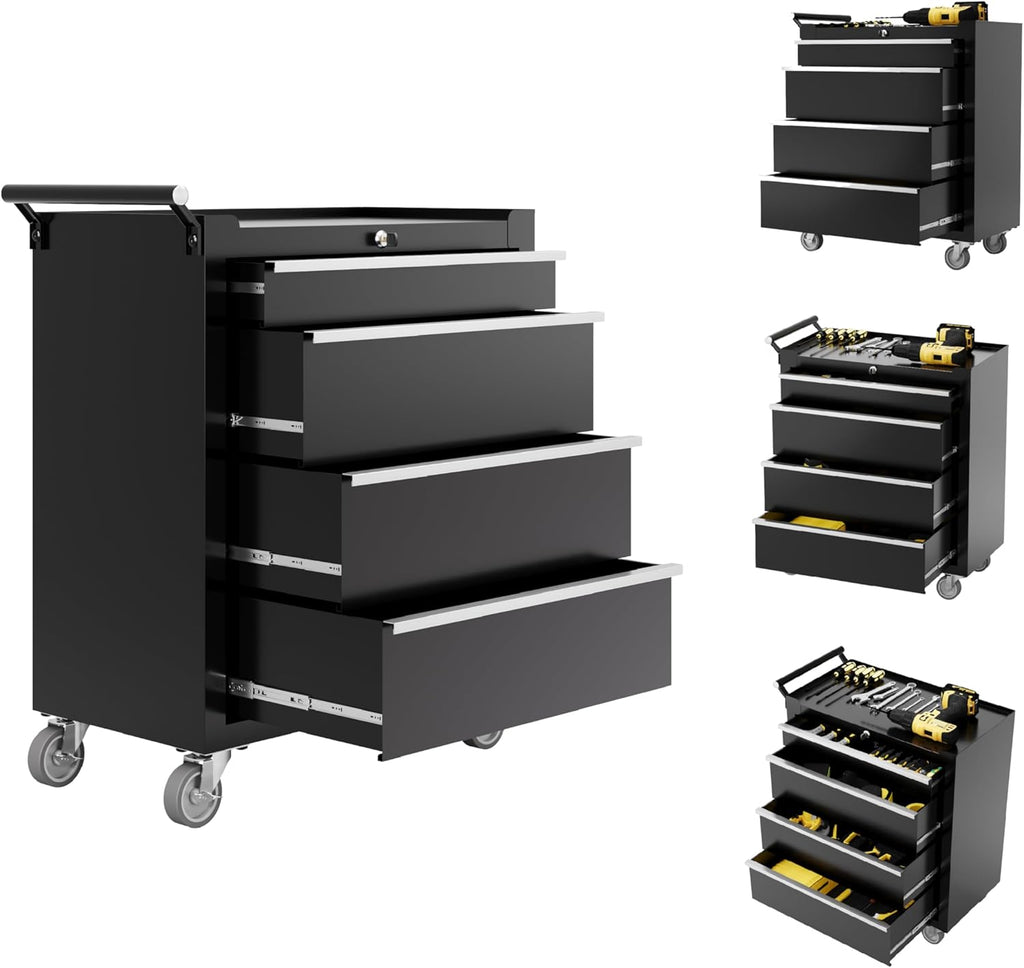 GarveeTech 24' 4-Drawer Tool Chest, Rolling Tool Cabinet with Wheels and Lock System, Portable Storage Rolling Tool Chest for Warehouse, Workshop & Repair Shop, Black