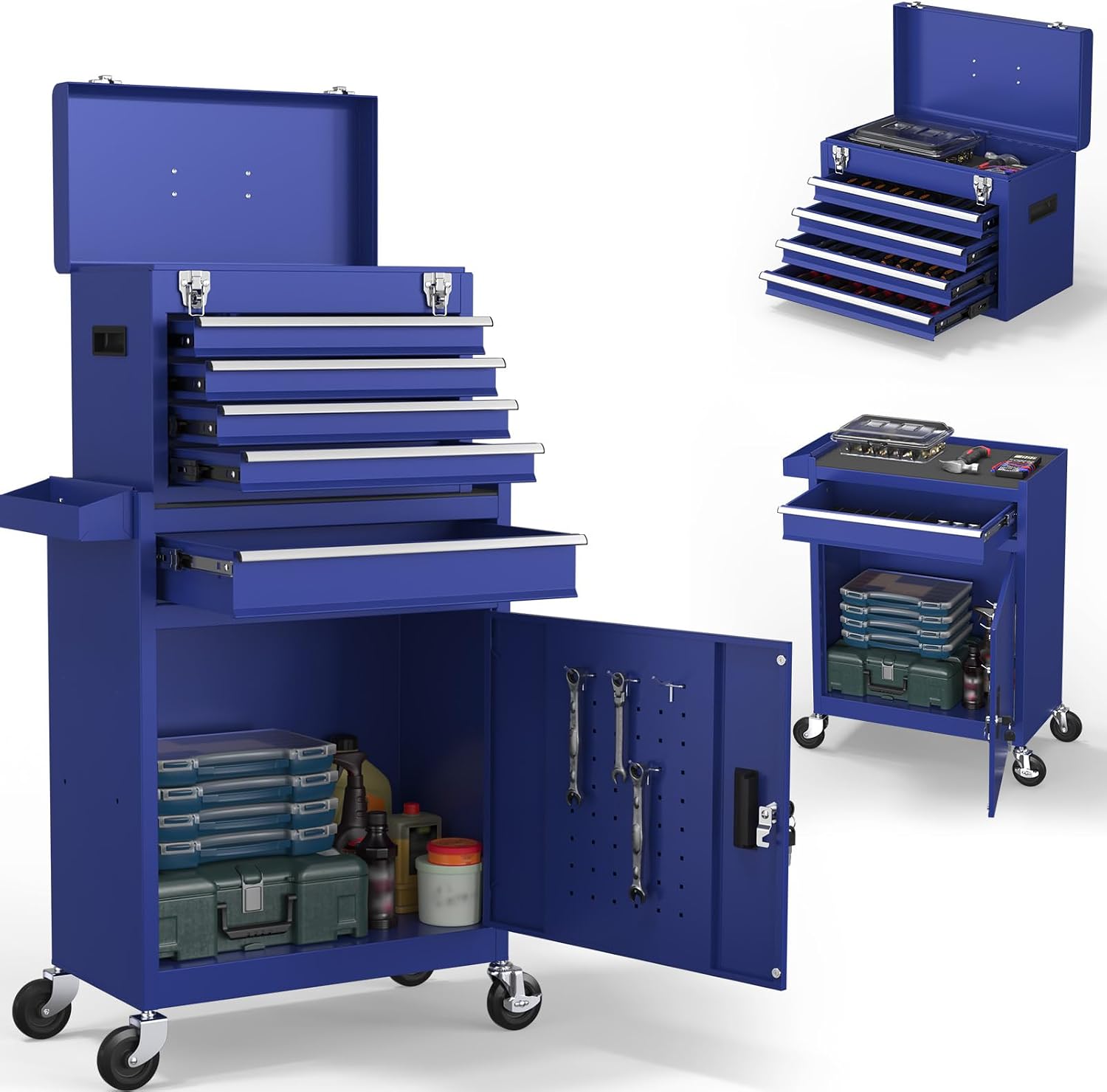 5-Drawers Tool Chest, 2-in-1 Rolling Tool Box with Wheels and Drawers, Detachable Storage Toolbox with Lock, Heavy-Duty Metal Tool Cart for Garage, Workshop (Blue)