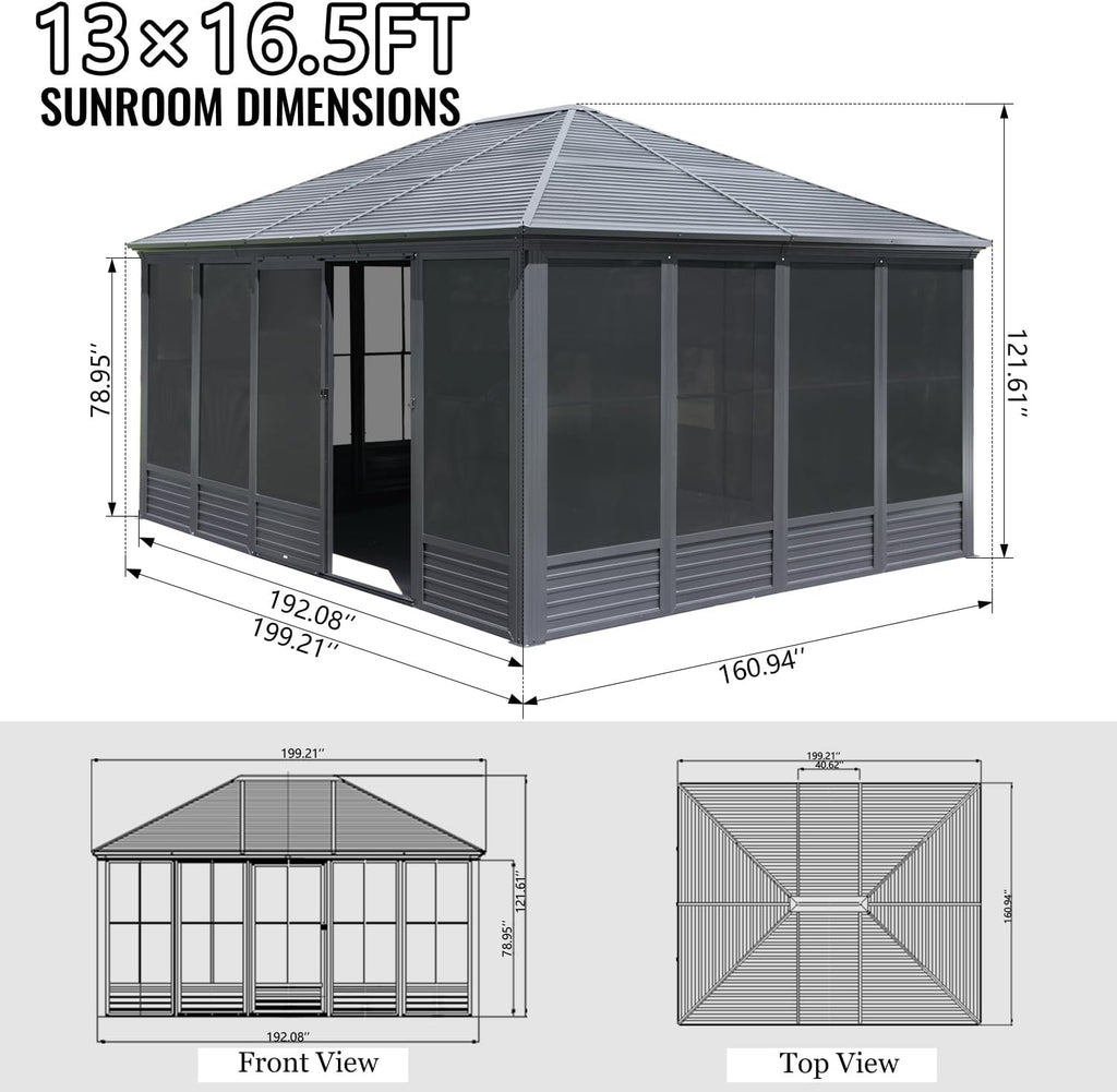 Domi 13x16.5FT Outdoor Sunroom Gazebo, Aluminum Solarium with Galvanized Steel Sloping Roof, Detachable PE Screens, 2 Sliding Doors, Permanent Sun Room Hardtop Screen House for Patio Deck Garden