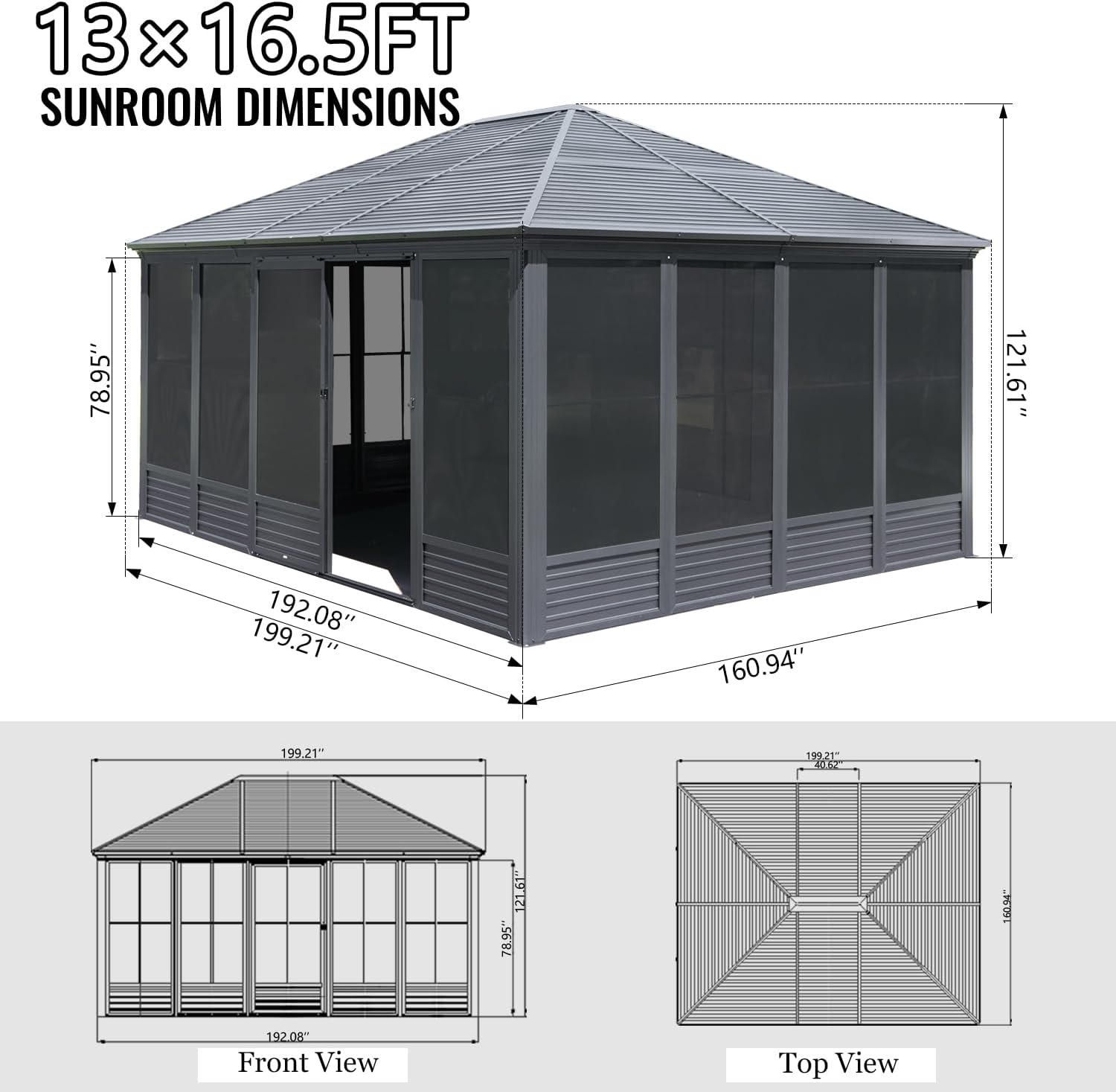 Domi 13x16.5FT Outdoor Sunroom Gazebo, Aluminum Solarium with Galvanized Steel Sloping Roof, Detachable PE Screens, 2 Sliding Doors, Permanent Sun Room Hardtop Screen House for Patio Deck Garden