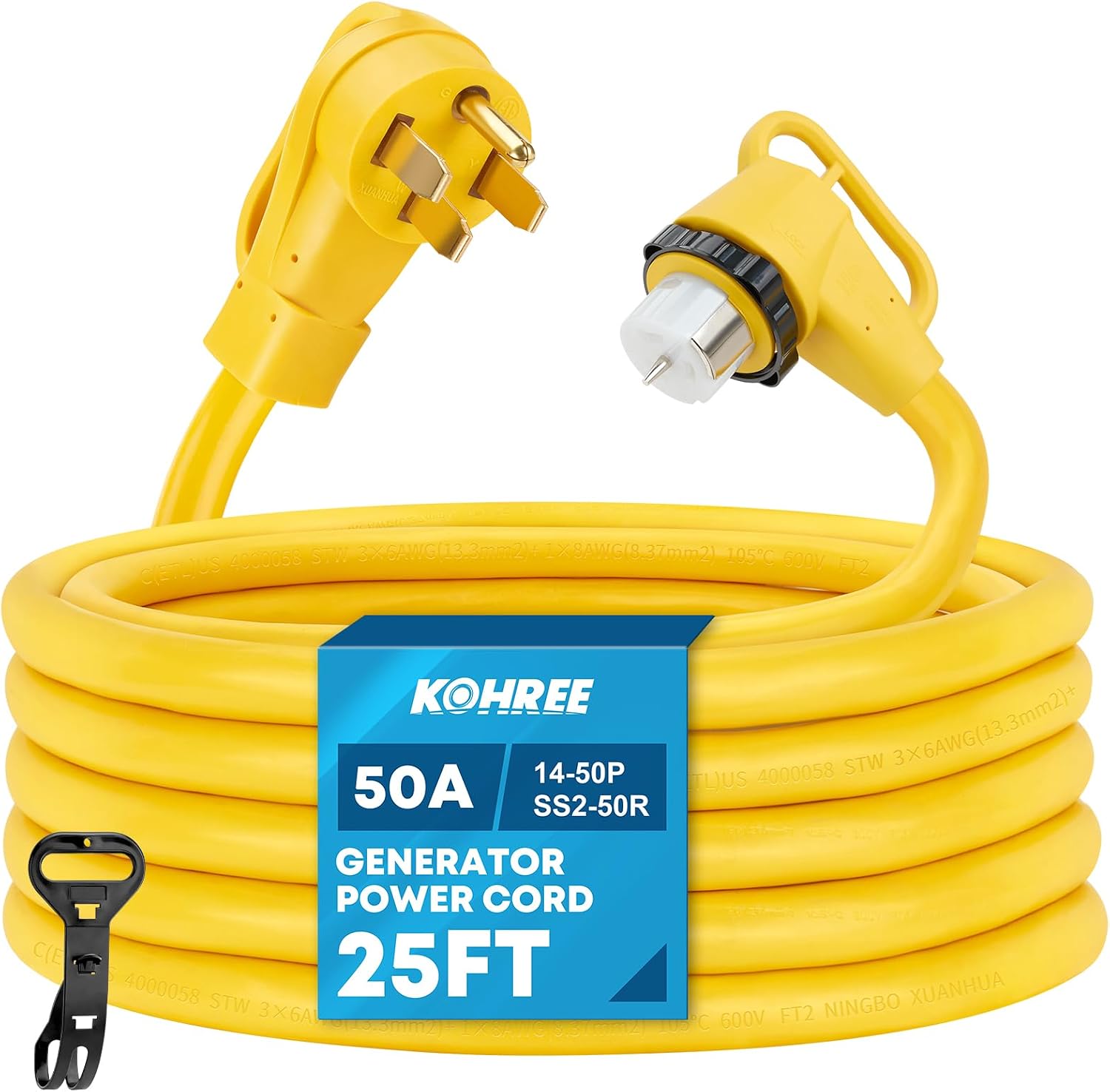 UL Listed 25 Feet 50 Amp Generator Extension Cord, NEMA 14-50P Male to SS2-50R 6/3+8/1 AWG 125/250V Heavy Duty Generator Power Cable with Twist Lock, Connectors for Generator to House