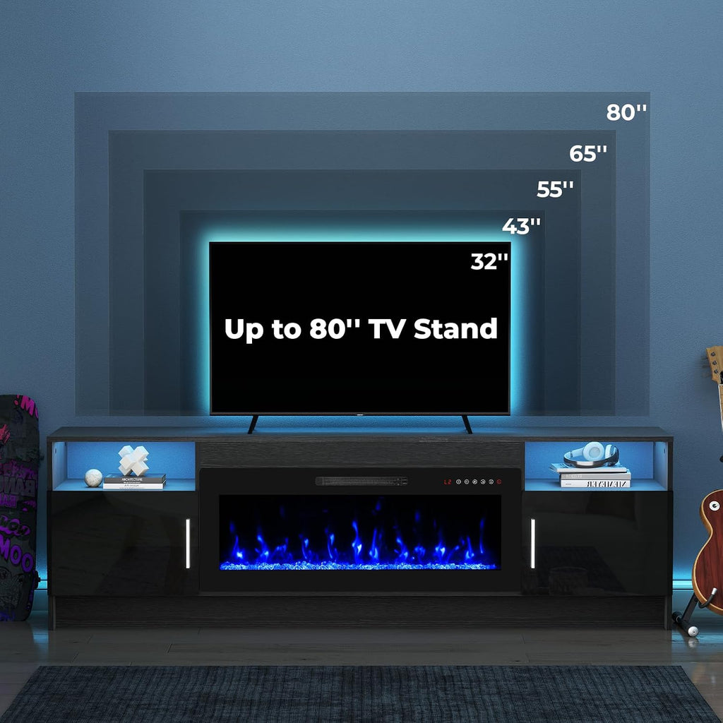 70' TV Stand with Fireplace for TVs Up to 80', LED Light Media Console with 36' Electric Heater, Storage Cabinet, Entertainment Center for Living Room, Black