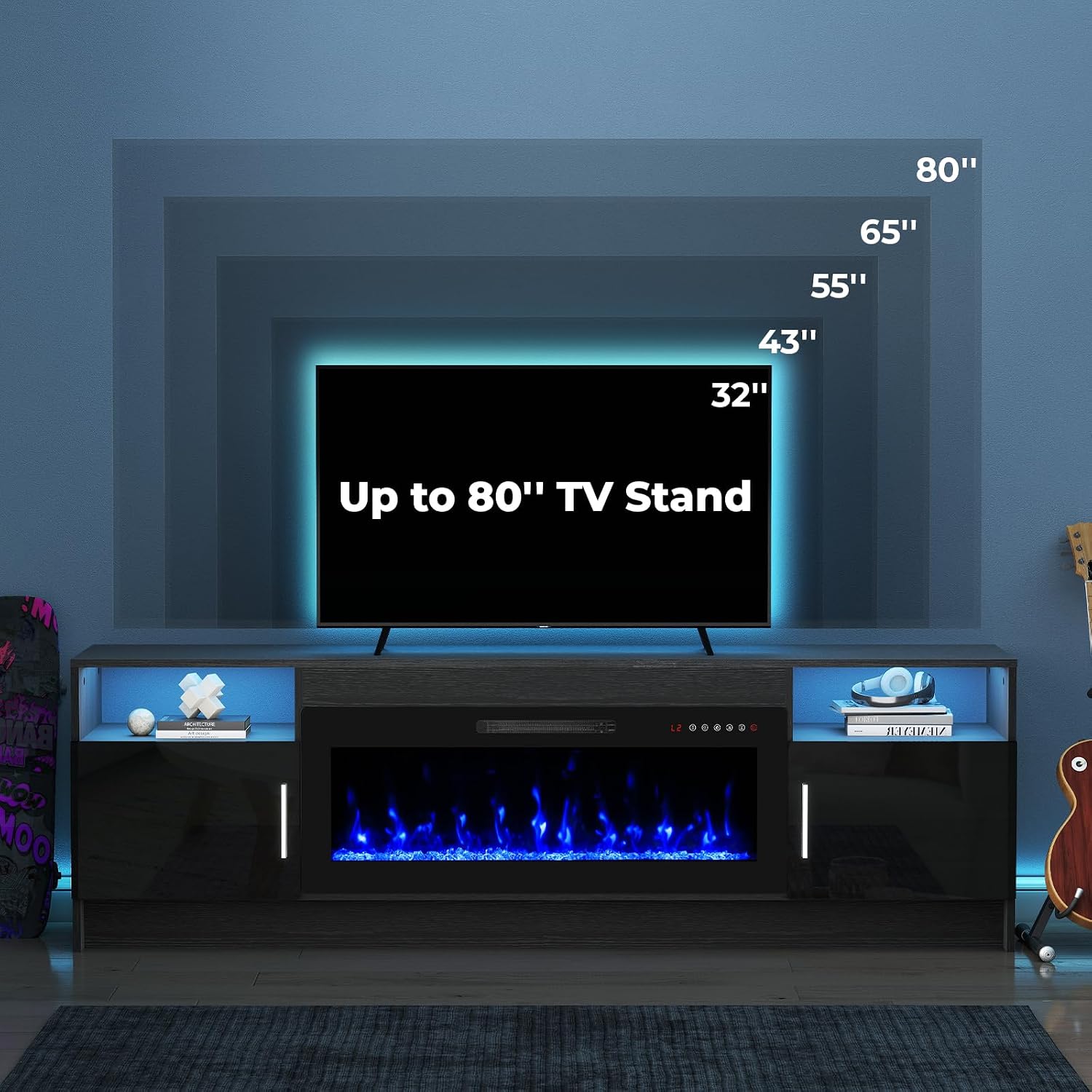70' TV Stand with Fireplace for TVs Up to 80', LED Light Media Console with 36' Electric Heater, Storage Cabinet, Entertainment Center for Living Room, Black