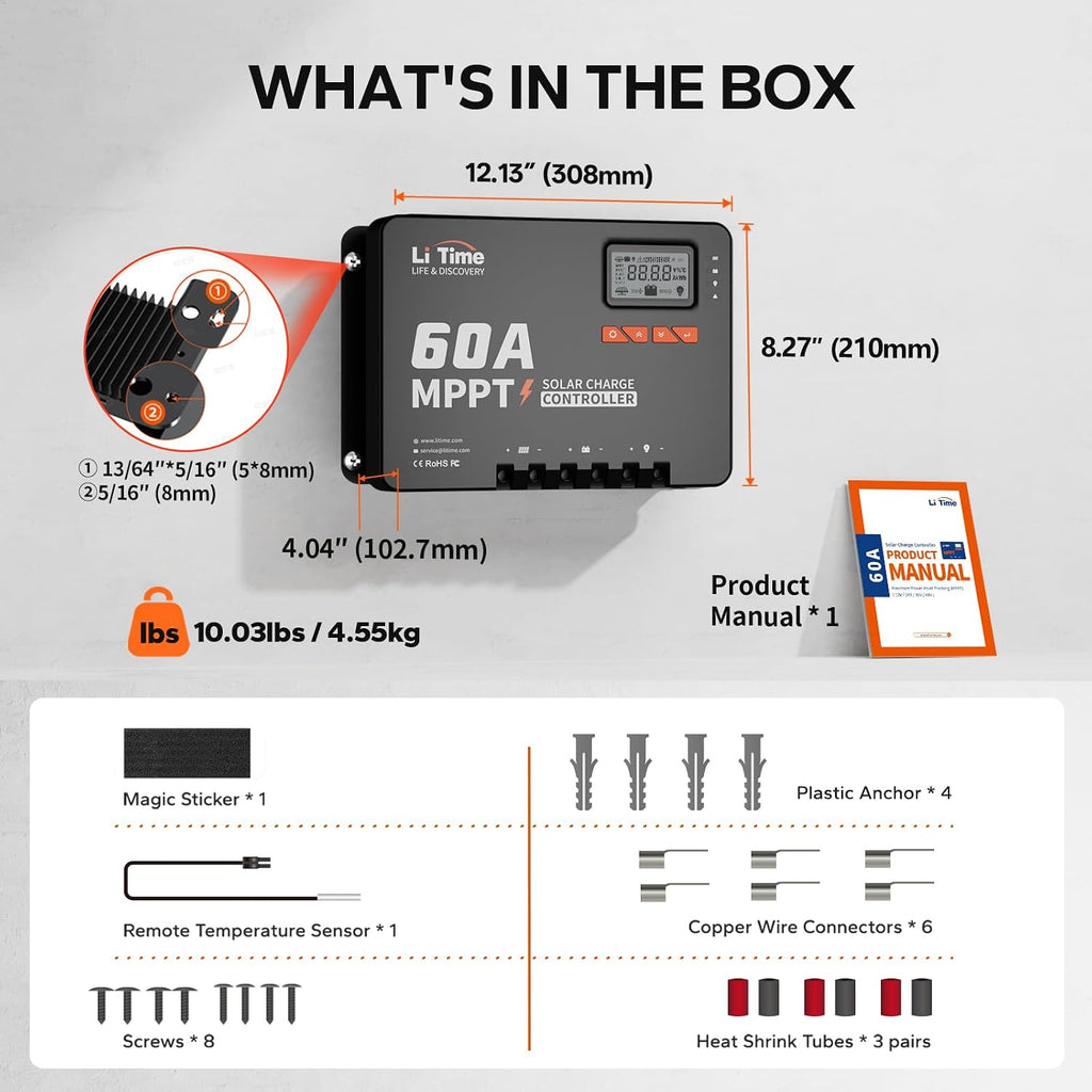LiTime MPPT Solar Charge Controller (Bluetooth) - Solar Panel Regulator -150V, 60Amp, 12/24/36/48Volt for LiFePO4 and Lead-Acid Battery in Solar System
