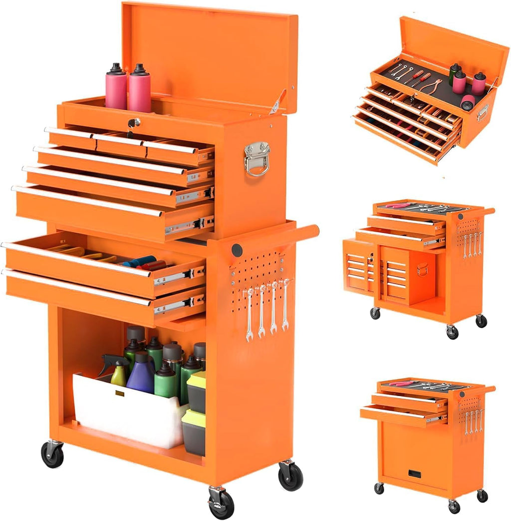 High Capacity Rolling Tool Boxes with Wheels and Drawers, 8-Drawer Storage Cabinet,Detachable Organizer Combo,Mobile Lockable Toolbox for Workshop Mechanics Garage (Orange)