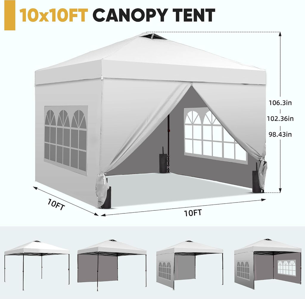 GDY 10x10 Pop Up Canopy Tent with 4 Sidewalls, Easy Set up with One Push Lift Outdoor Silver Coated Beach Gazebos, Carpas with 4 Sandbags, for Events, Parties,Camping, White.