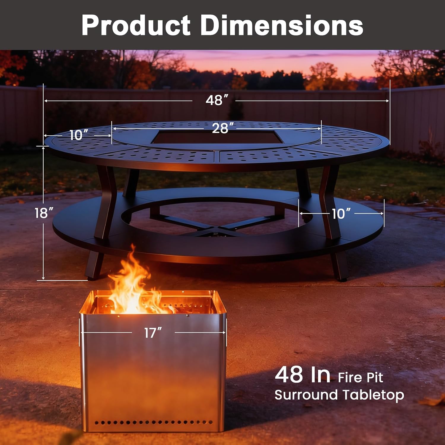 Uniflasy Smokeless Fire Pit and Fire Pit Surround Tabletop, Portable Protective Barrier Equal Width, Safety & Extra Space, 48' Outdoor Tabletop & 17' Smokeless Firepit for Backyard, Camping & Party
