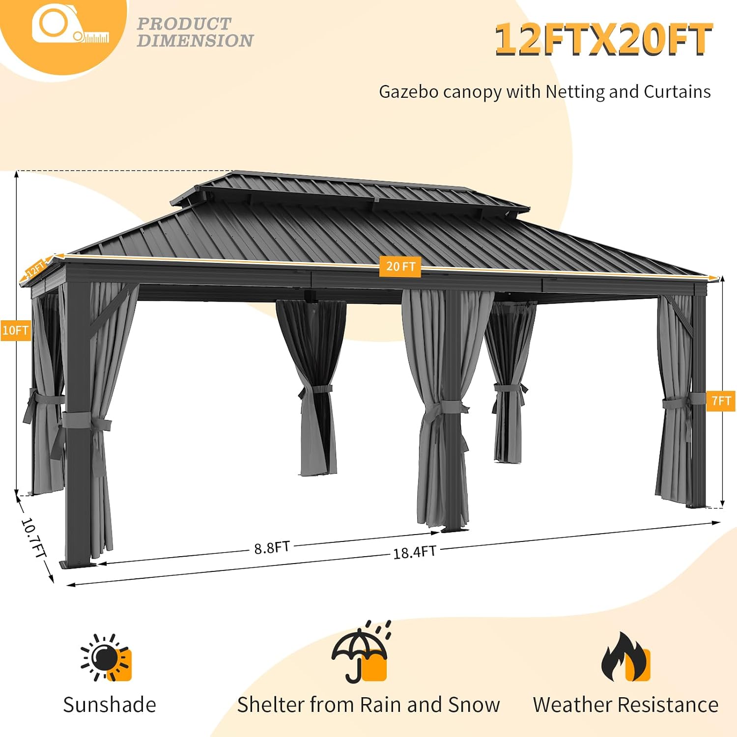 Hardtop 12 X 20FT, Galvanized Steel Dual-Layer Top, Aluminum Metal Gazebo with Netting and Curtains, Permanent Gazebo Pavilion for Party