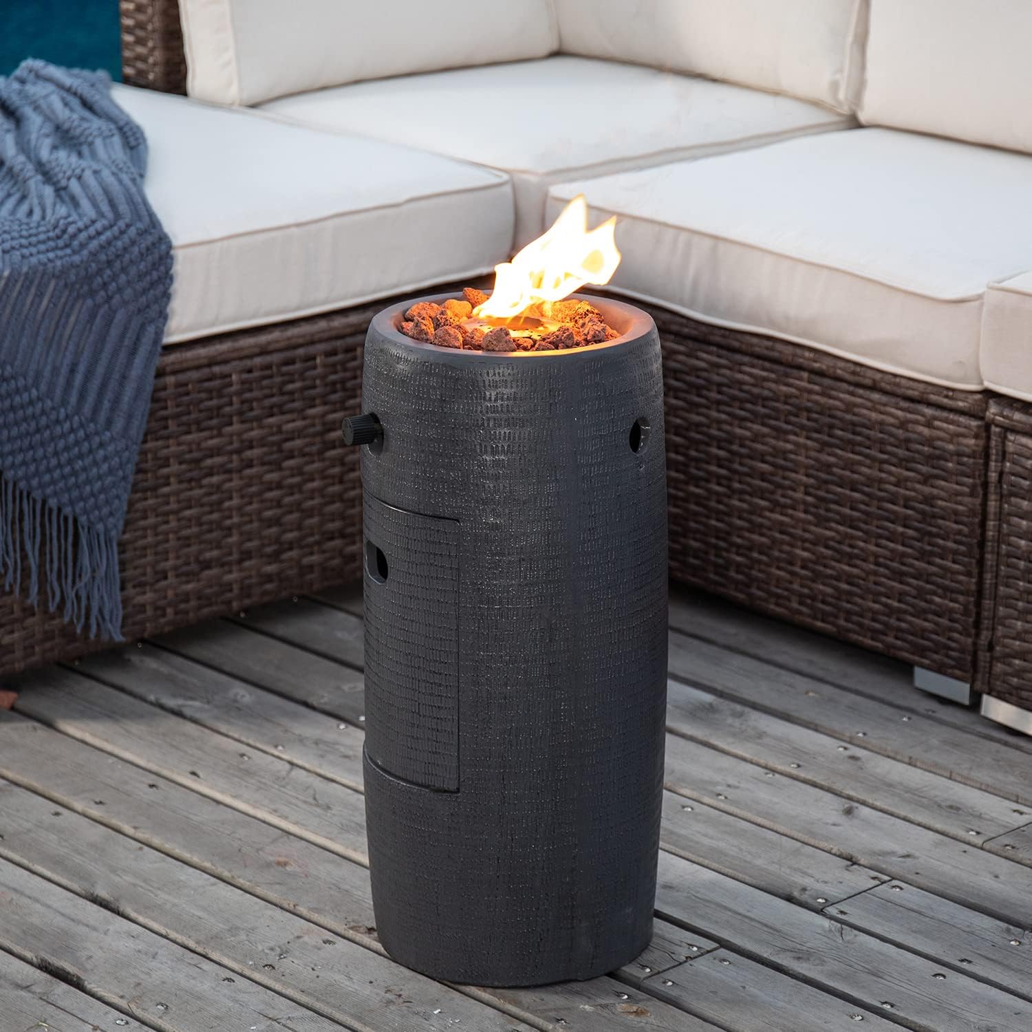 COSIEST Outdoor Propane Fire Pit Table w Compact Ledgestone 11-inch Round Graphite Base, Certified, 40,000 BTU, Free Lava Rocks, Touch-up Pen, Fits 20lb (Black)