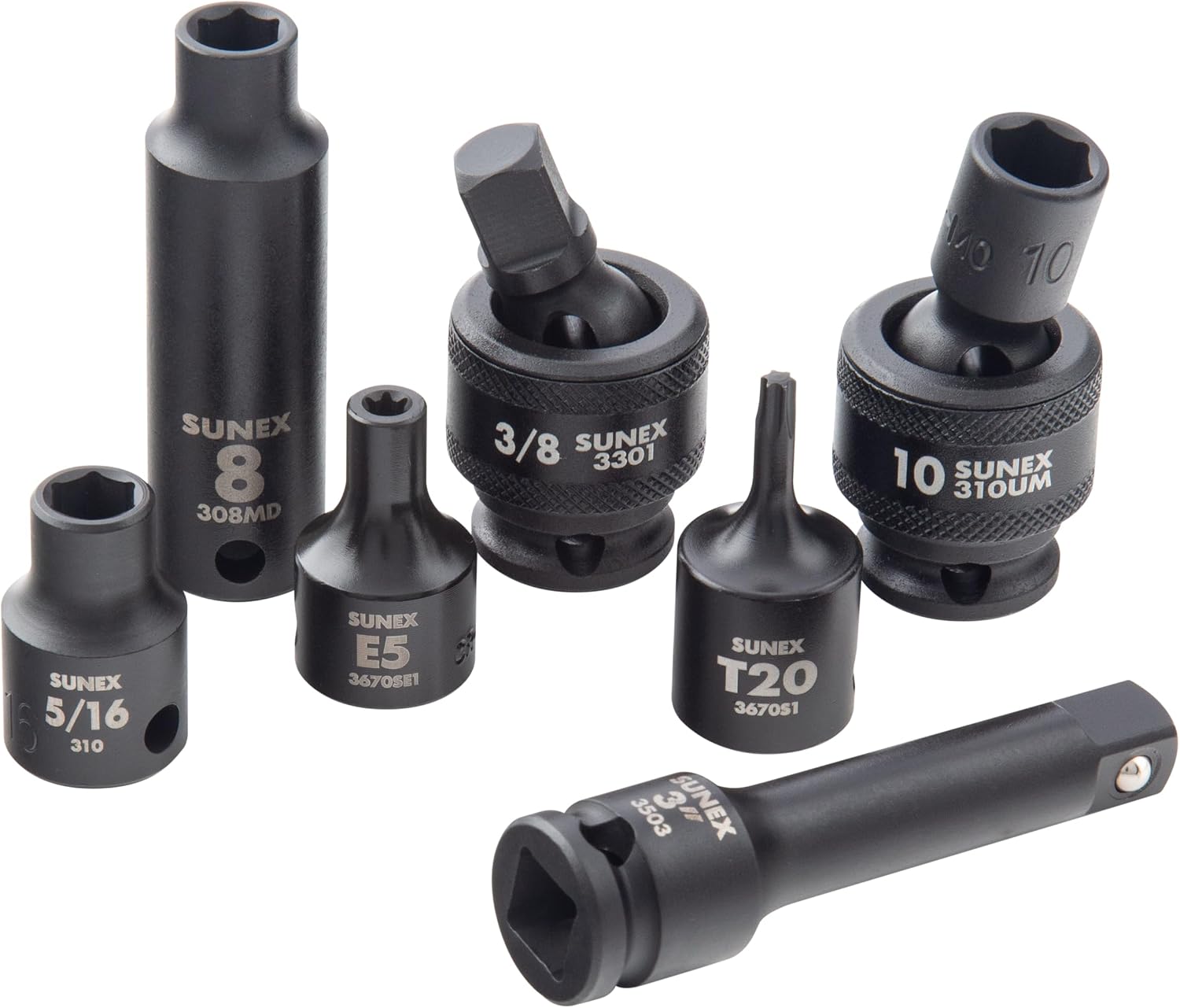 SUNEX Tools 80 Piece 3/8 in. Drive Master Impact Socket Set, Universal, Star, External Star, Extensions, Universal Joint, SAE and Metric, 8mm to 19mm and 5/16 in. to 3/4 in., CR-MO Steel, Model 3580
