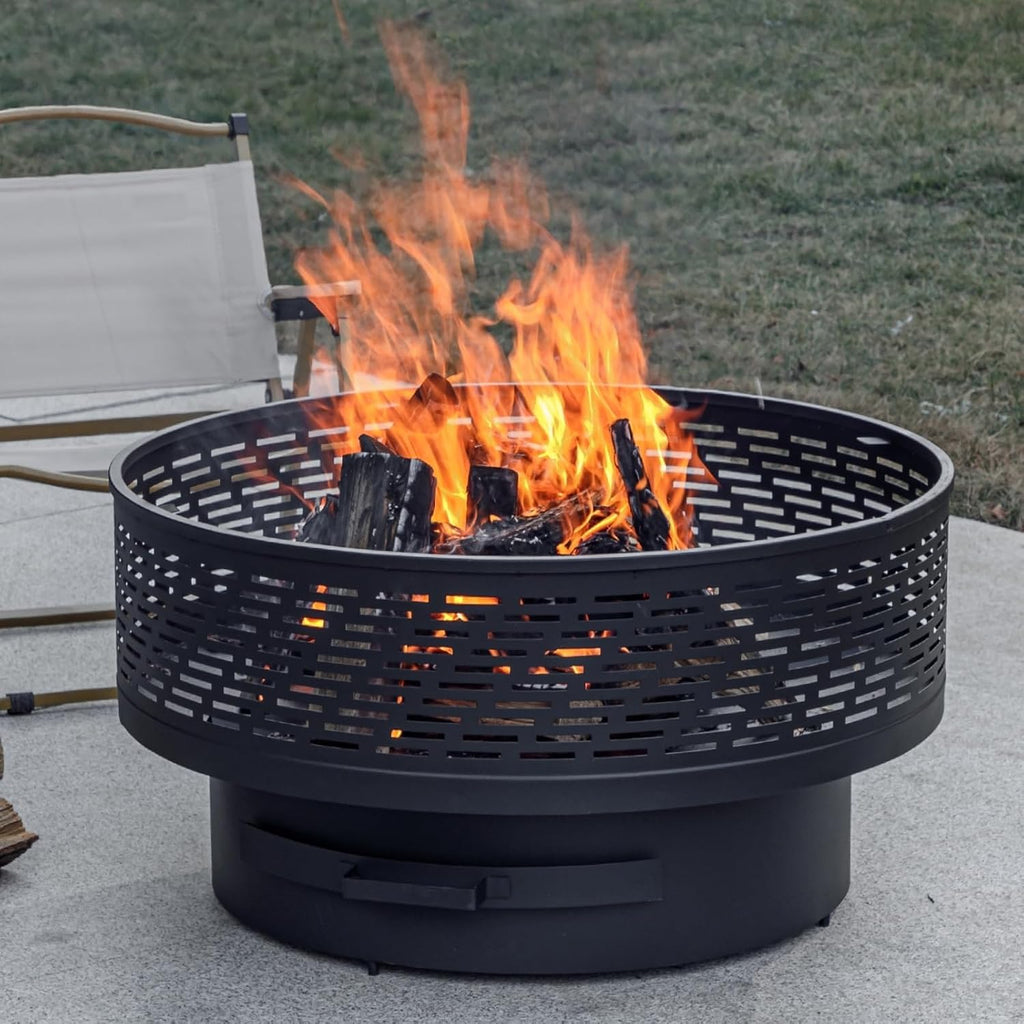 OutVue 32' Wood Burning Fire Pits with Grill & Lid, Fire Pit Table for Outside with Waterproof Cover & Fire Poker, Outdoor Firepit with Functions for BBQ,Table and Bonfire