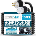 IronBox Electric 6-20P to L6-20R Plug Adapter Power Cord - 20A,250V, 12/3 SJOOW- UL Listed Power Cord Extension Cable - Heavy Duty Plug and Connector for Generator, Data Centers & More (100ft, Build)