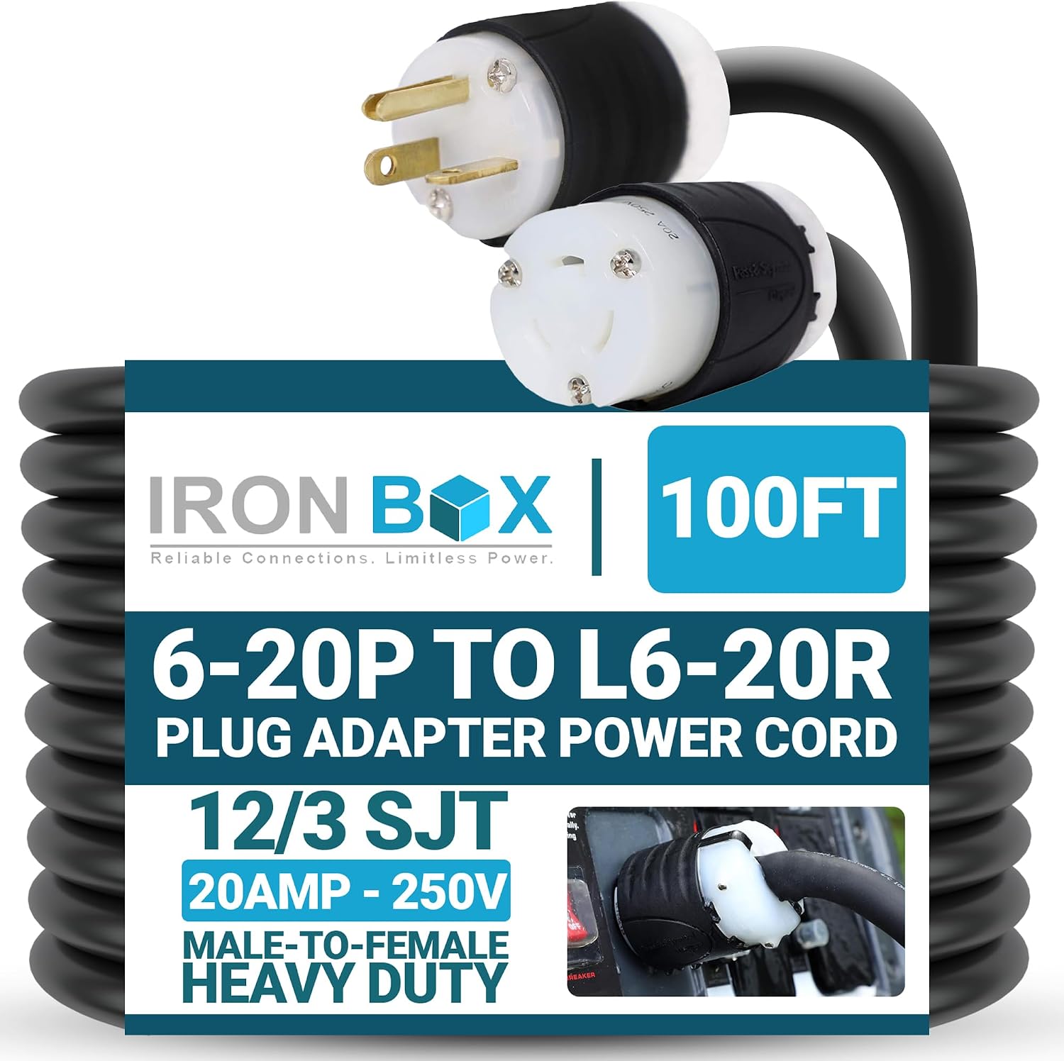 IronBox Electric 6-20P to L6-20R Plug Adapter Power Cord - 20A,250V, 12/3 SJOOW- UL Listed Power Cord Extension Cable - Heavy Duty Plug and Connector for Generator, Data Centers & More (100ft, Build)