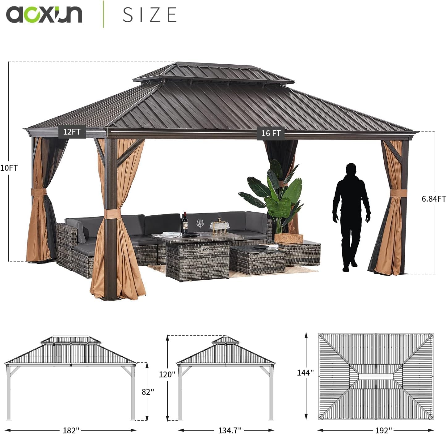 oneinmil 12' X 16' Permanent Hardtop Gazebo Aluminum Gazebo, Galvanized Steel Double Roof for Patio Lawn and Garden, Brown Curtains and Netting Included