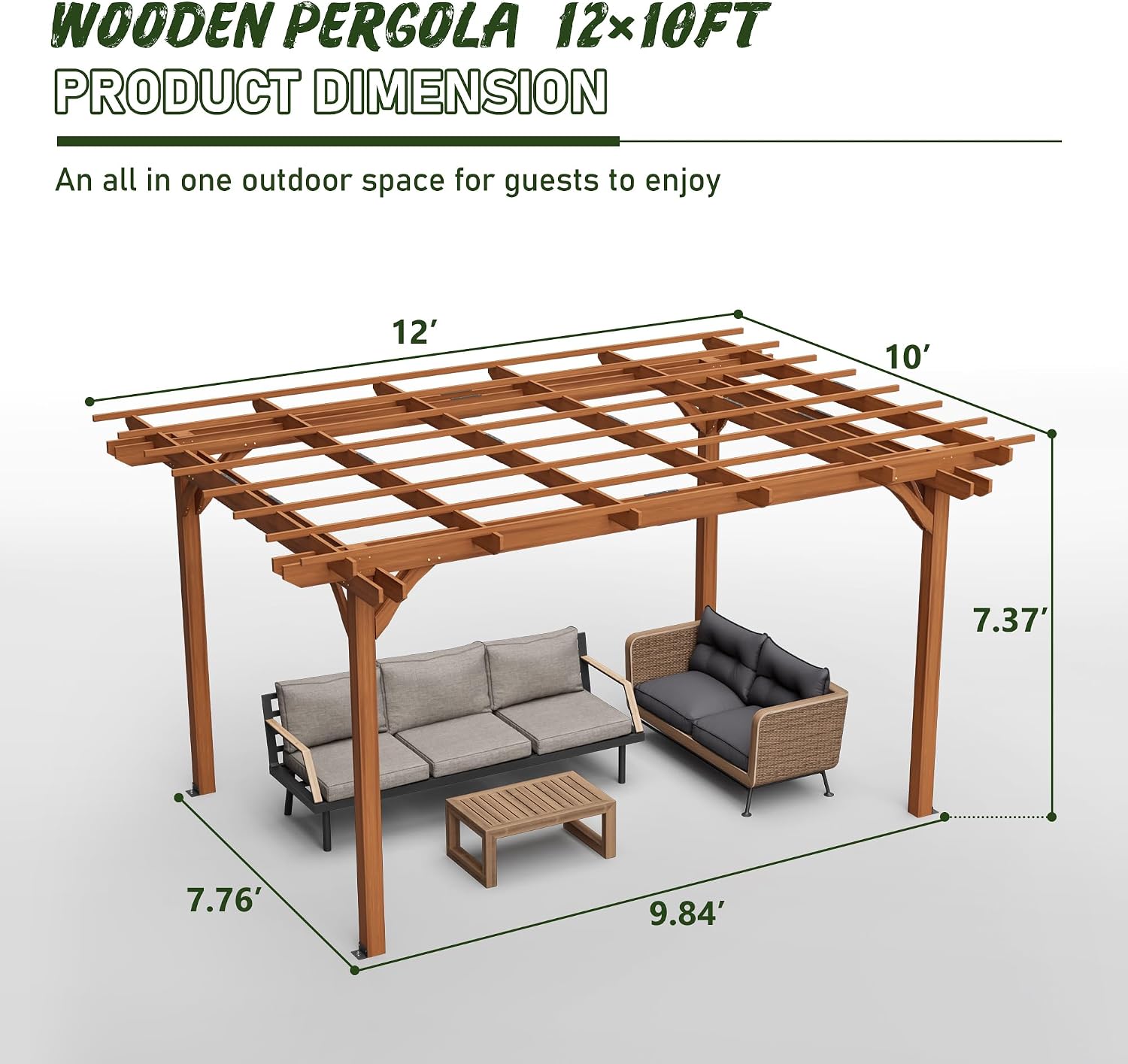 12' x 10' Outdoor Wood Pergola, Wooden Pergola Grape Trellis, Perfect for Climbing Plant Support, Garden, Terrace, Backyard, Deck, Brown