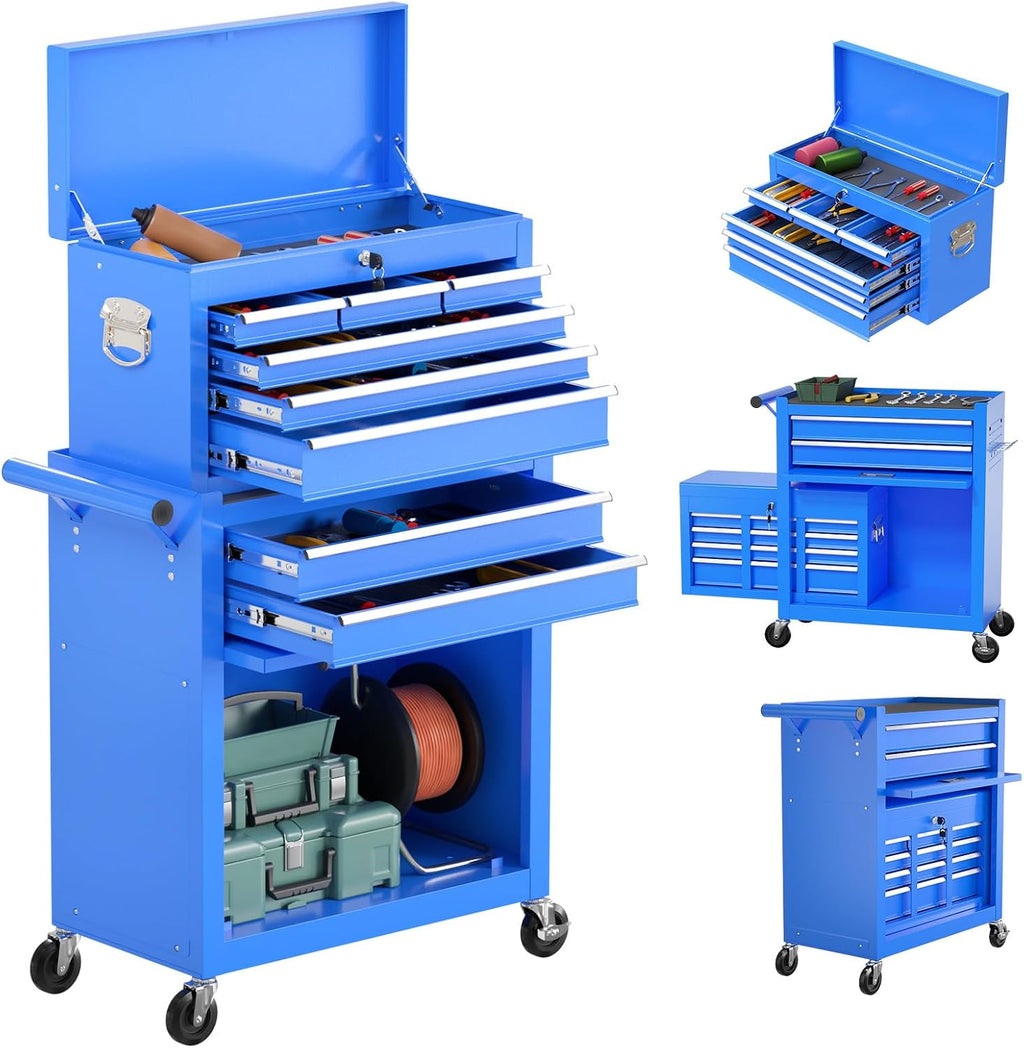 8-Drawer Rolling Tool Chest with Wheels, 2-in-1 Detachable Tool Box with Drawers and Large Cabinet, Rolling Tool Chest Storage Cabinet with Lockable for Warehouse, Garage, Workshop (Blue)