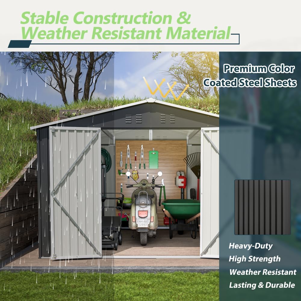 Large Outdoor Storage Shed 10x12 FT, Heavy-Duty Metal Garden Tool Organizer with Lockable Doors and Weather-Resistant Roof for Backyard (10x10 ft Black)