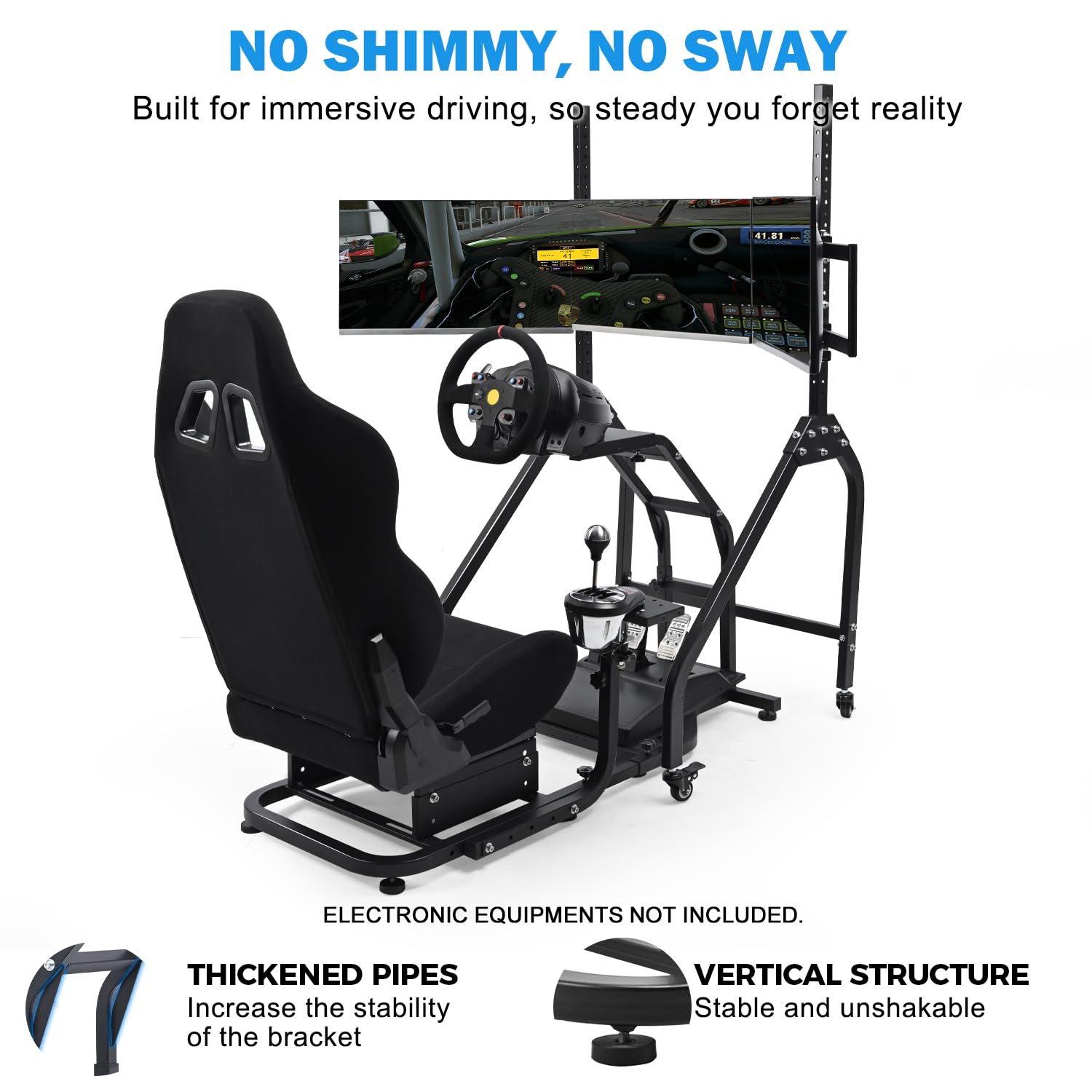 Anman Adjustable Racing Simulator Cockpit with Triple Monitor Stand and Ergonomic Driving Seat Compatible with Logitech/Thrustmaster, No electronic equipment