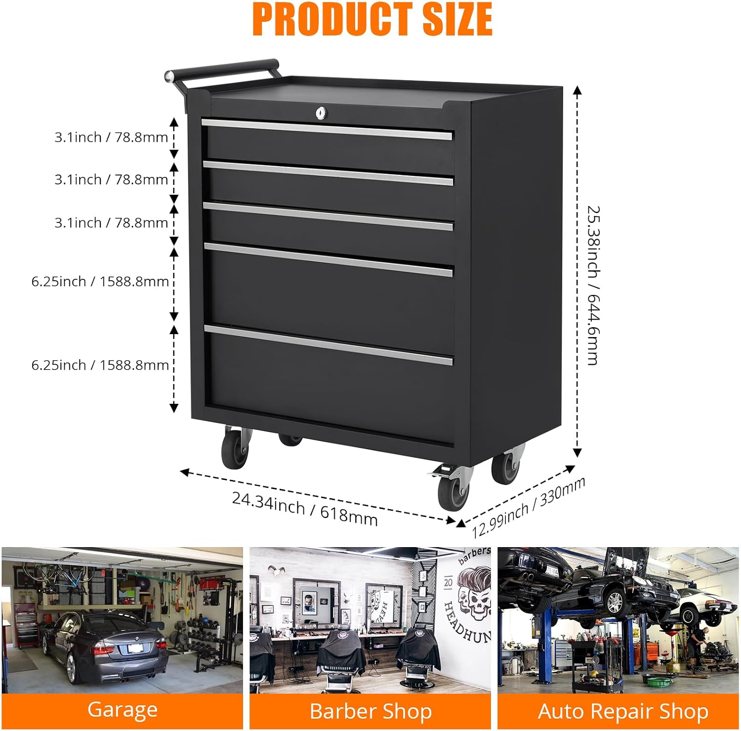 5-Drawer Rolling Tool Chest on Wheels, 24 Inch Compartment Tool Box with Drawers & Lock, Metal Tool Cart Storage Cabinet for Garage, Warehouse, Workshop, Repair Shop