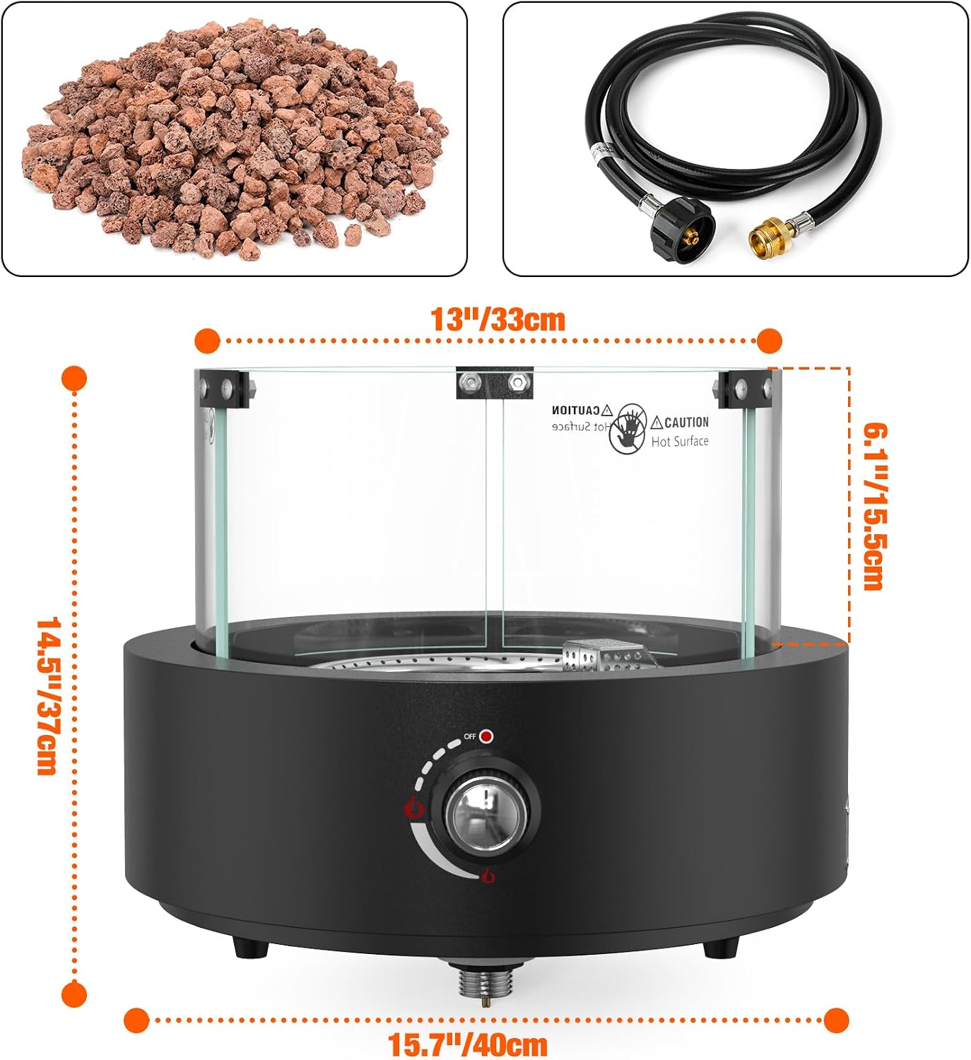 Portable Propane Gas Fire Pit Bottom-Mounted for Table with Umbrella Hole, Tabletop Smokeless Firepit with Wind Guard for Patio Camping RV Tailgating, 23000BTU, Round FP039