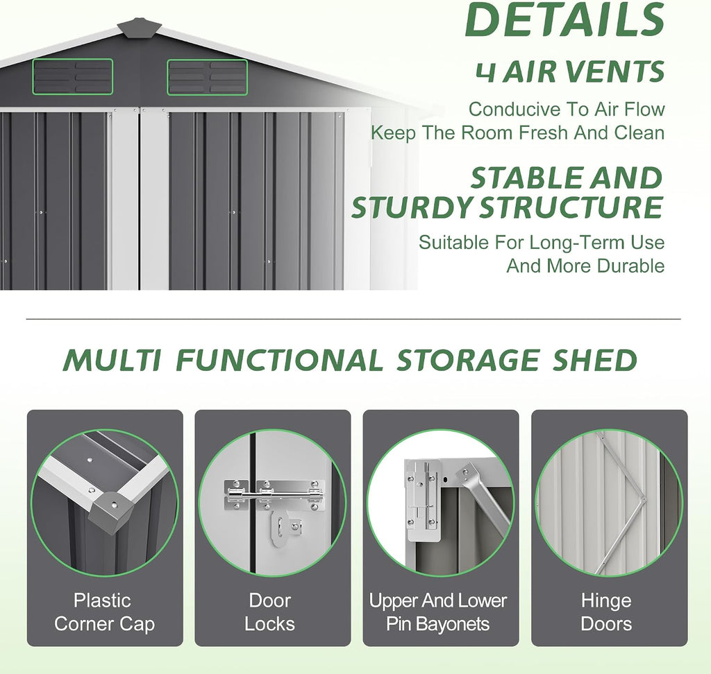 6x4 FT Shed Outdoor Storage Metal Large Garden Tool Sheds with Lockable Doors Slooping Roof Floor Frame Waterproof Steel Utility Equipment Shed for Backyard Patio Lawn Poolside, Grey