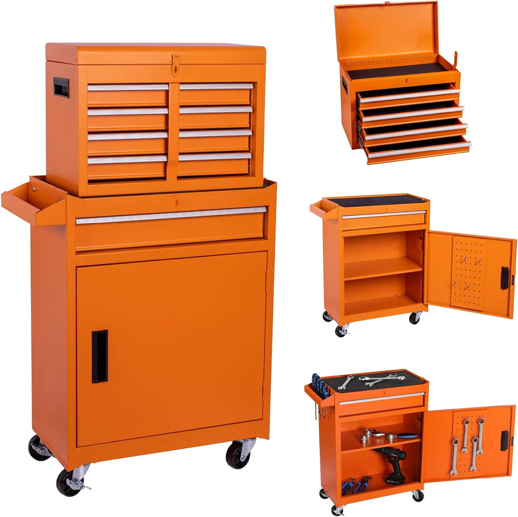 5 Drawers Metal Tool Cart on Wheels with 1 Cabinet, Multifunctional Rolling Tool Storage Cabinet Organizer Set w/Removable Top Tool Box for Garage,Warehouse,Workshop,Repair Shop (Orange)