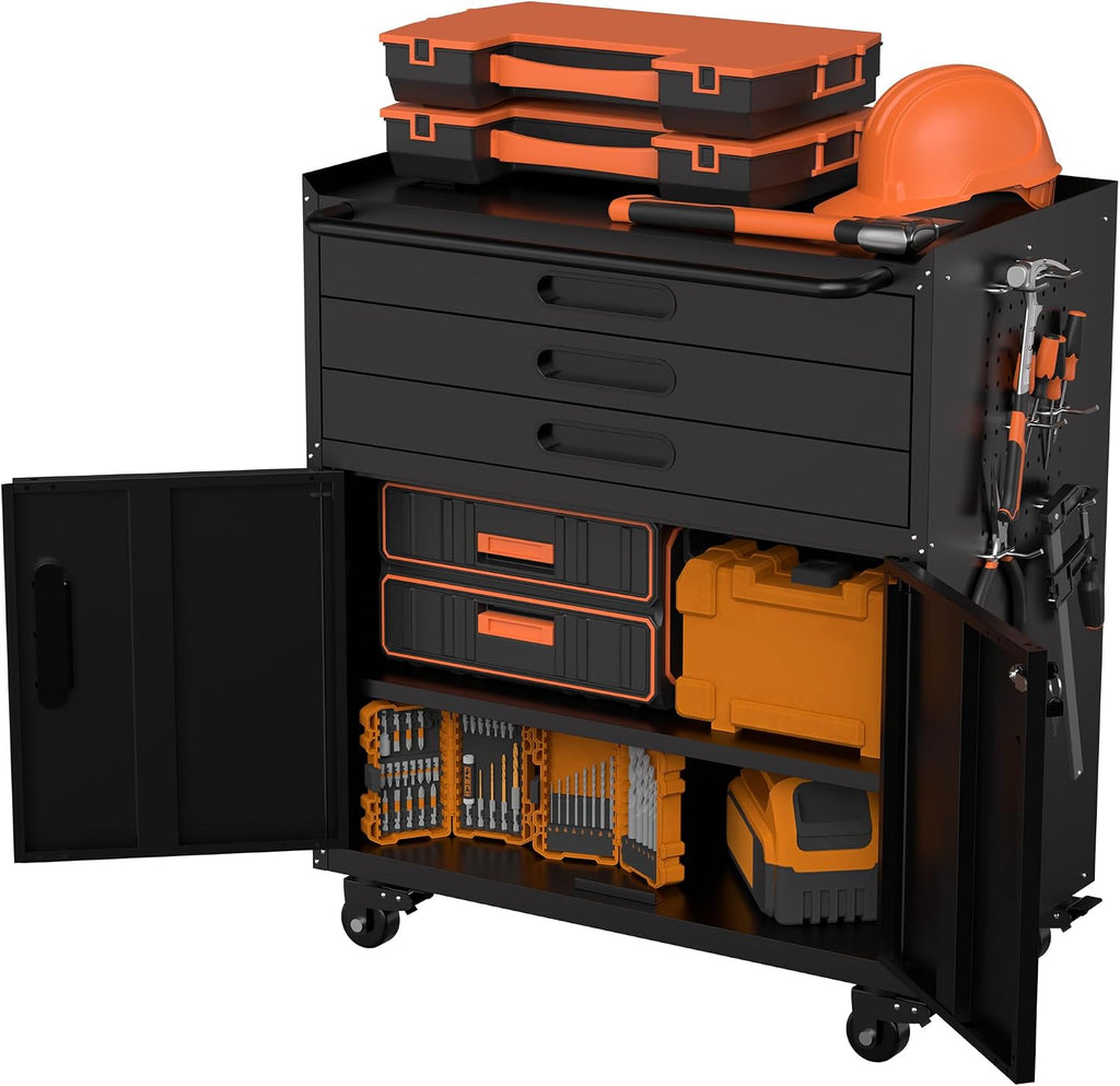 RYH 29.5' W Rolling Tool Cabinet Metal Garage Storage Cabinet on Wheels, Locking Rolling Tool Chest for Workshop, Heavy Duty Tool Cart with Drawers (Black+, 3 Drawers 2Door34.4 H ×29.5' W)