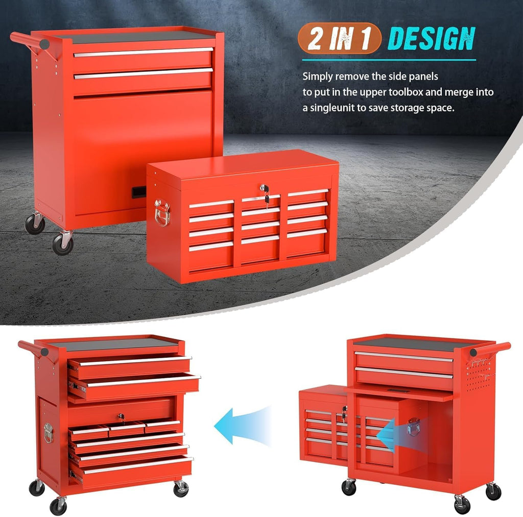 8-Drawer Rolling Tool Chest with Wheels, 2-in-1 Detachable Tool Box with Drawers and Large Cabinet, Rolling Tool Chest Storage Cabinet with Lockable for Warehouse, Garage, Workshop Red