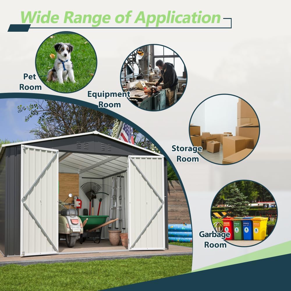 Large Outdoor Storage Shed 10x12 FT, Heavy-Duty Metal Garden Tool Organizer with Lockable Doors and Weather-Resistant Roof for Backyard (10x10 ft Black)