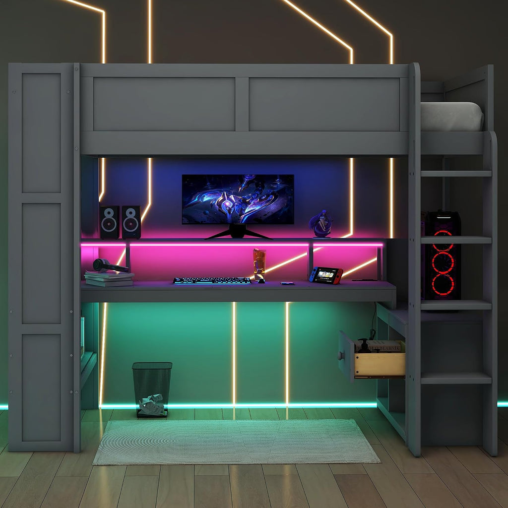 SOFTSEA Full Size Gaming Loft Bed with Desk, Wood Loft Bed with USB Ports, LED Lights, Gaming Lofts Bed with Multi-Storage Shelves & Under-Bed Space for Adults Kids Teens, No Noise, Gray