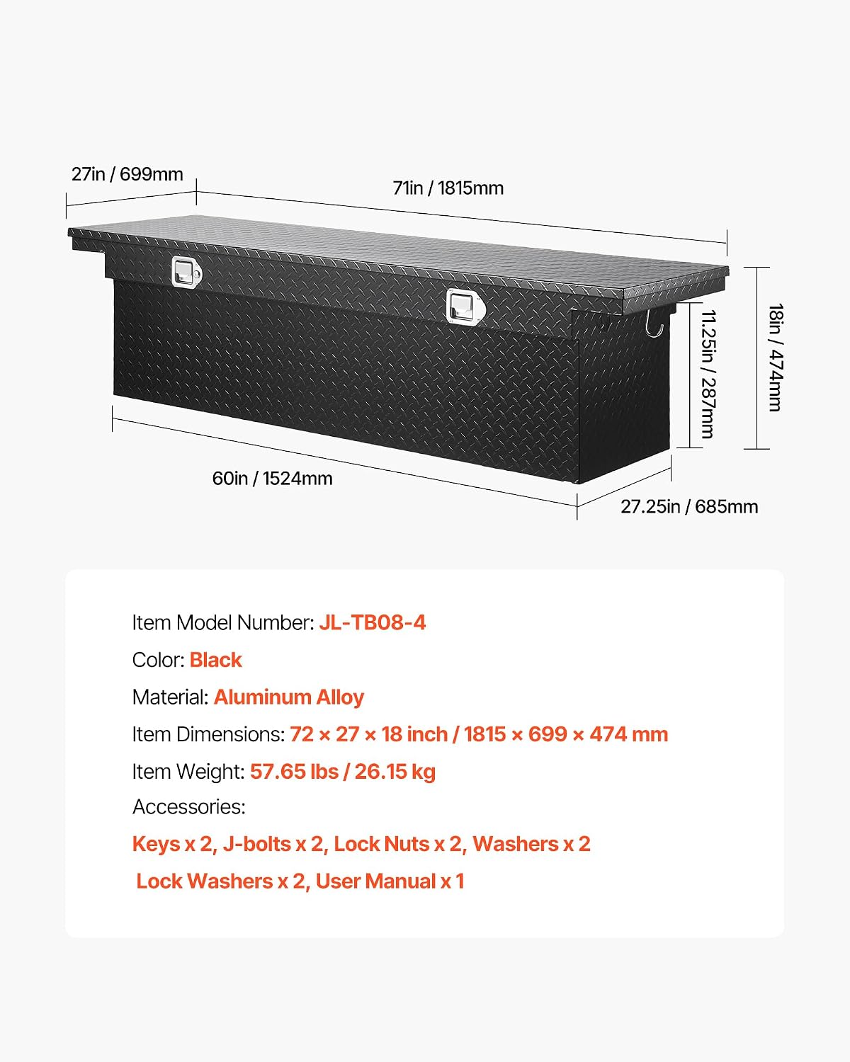 VEVOR Crossover Truck Tool Box, 71x27x18 In, Heavy Duty Aluminum Toolbox with Diamond Texture, Pick Up Truck Bed RV Trailer Toolbox, Waterproof Storage Organizer with Lock, Keys, Side Handles, Black