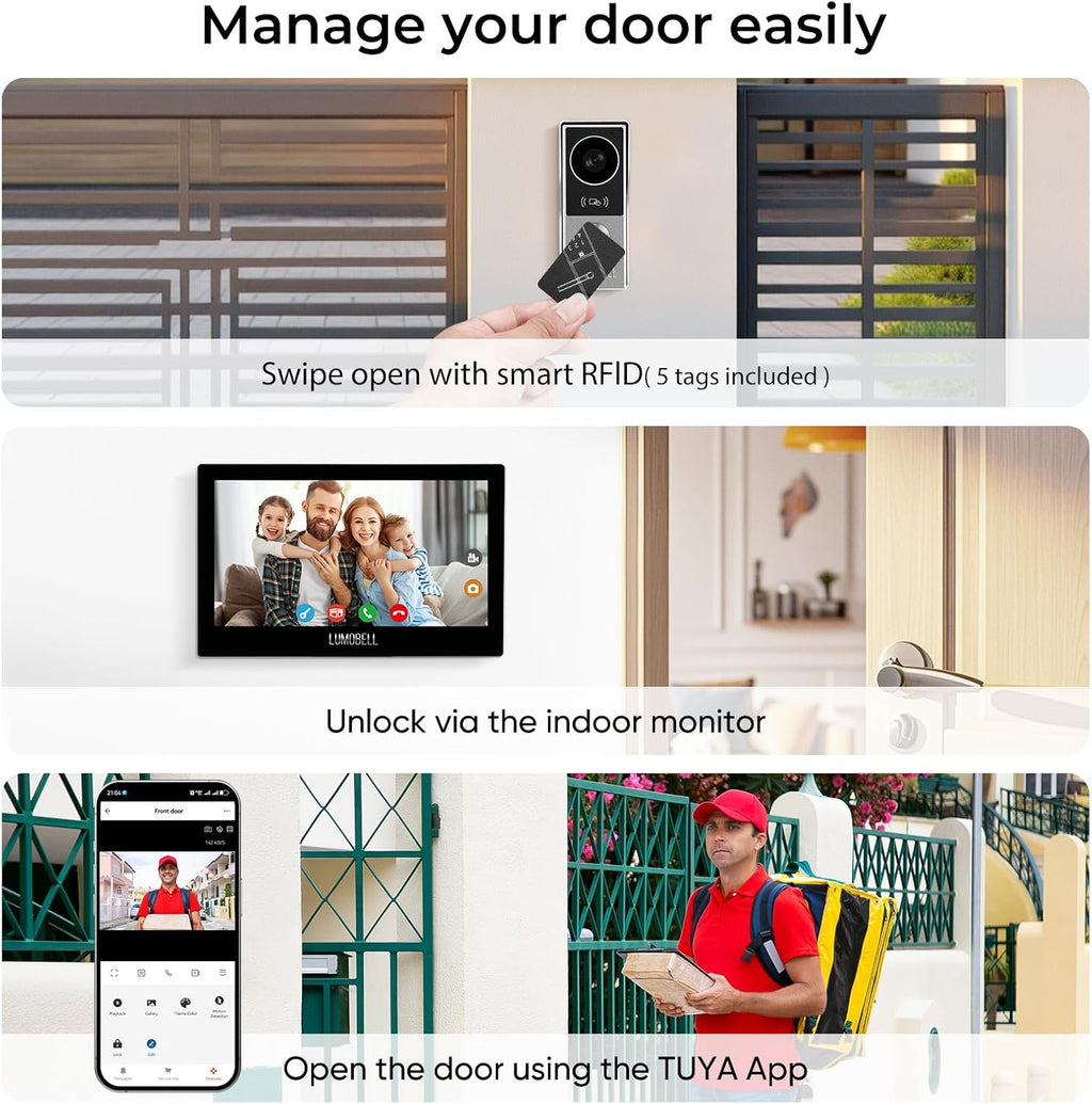 Wired Video Doorbell Camera with Indoor Monitor, Video Intercom System, 7' Touchscreen Display, Night Vision, 130° Wide Angle, Two-Way Talk, Tuya App Remote Unlock, Waterproof, No Monthly Fees