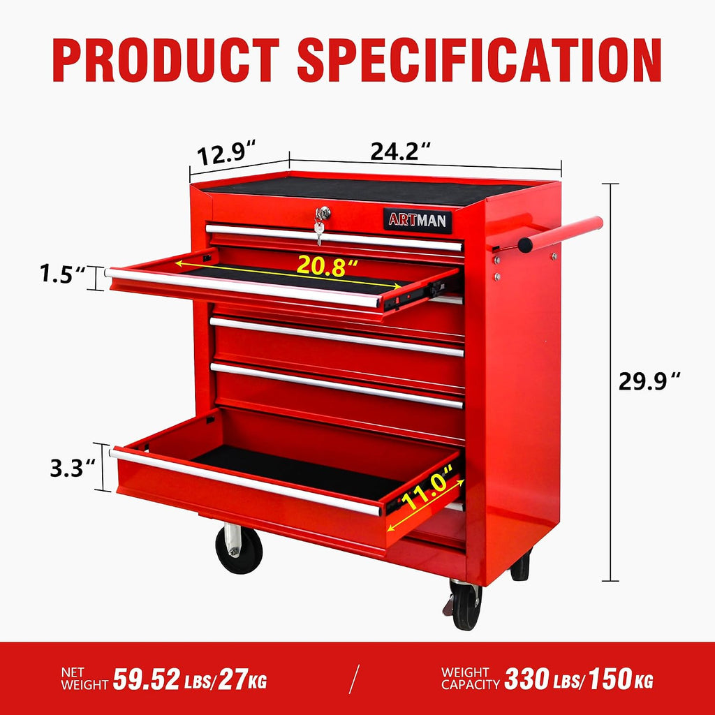 7 Drawers Tool Cart on Wheels, 7 Drawer Rolling Tool Chest with Key Lock, Trolley Organizer Tool Case, Multifunctional Rolling Tool Box for Garage,Warehouse,Workshop,Repair Shop (Red)