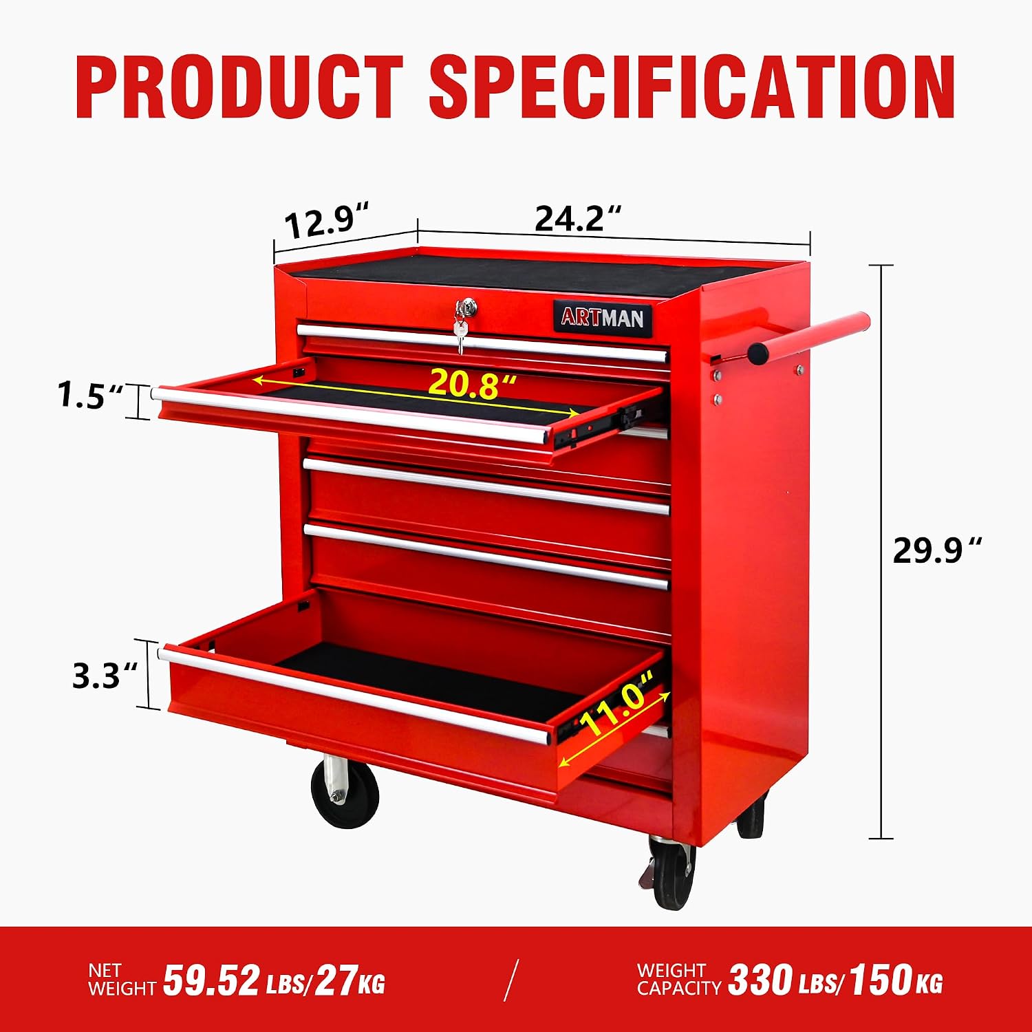 7 Drawers Tool Cart on Wheels, 7 Drawer Rolling Tool Chest with Key Lock, Trolley Organizer Tool Case, Multifunctional Rolling Tool Box for Garage,Warehouse,Workshop,Repair Shop (Red)
