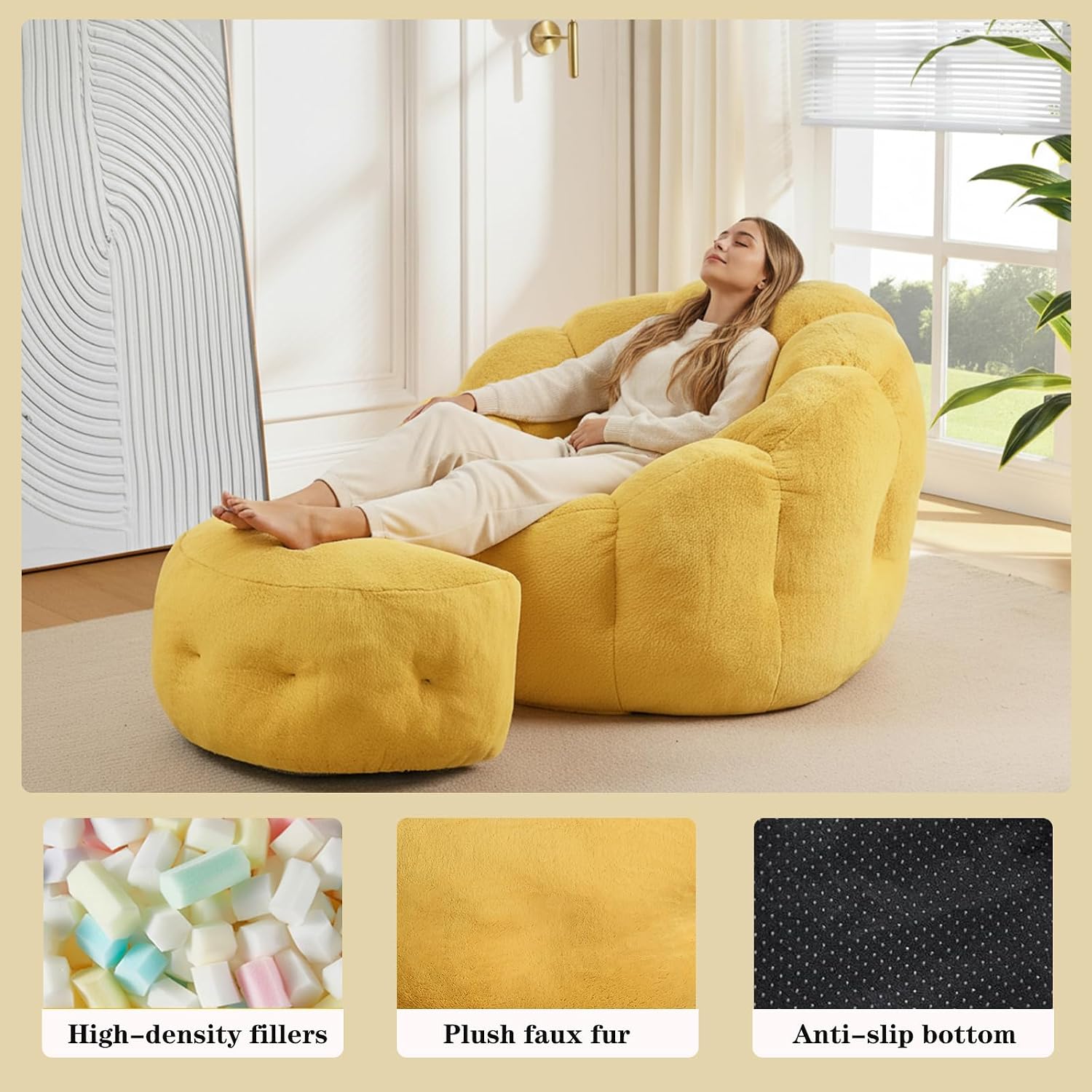 Bean Bag Chair with Ottoman, Flower Shape Bean Bag Chairs for Adults and Teens, Comfy Plush Faux Fur Bean Bags for Living Room, Bedroom, Apartment, Dorm, Yellow