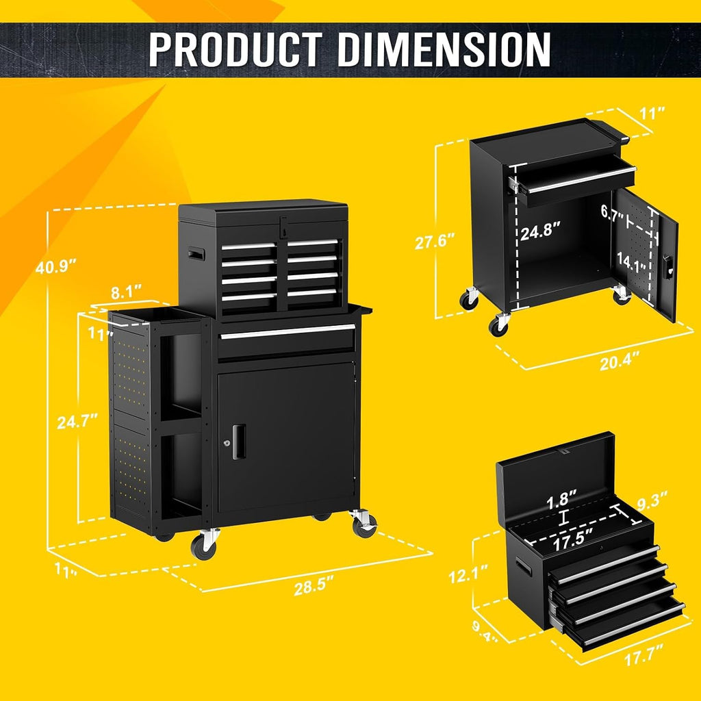 SILVEL 5-Drawers Rolling Tool Chest, Assembled Tool Box with Auto Locking System & Lockable Wheels & Sliding Drawers & Detachable Top, Tool Storage Cabinet for Garage Workshop, Black