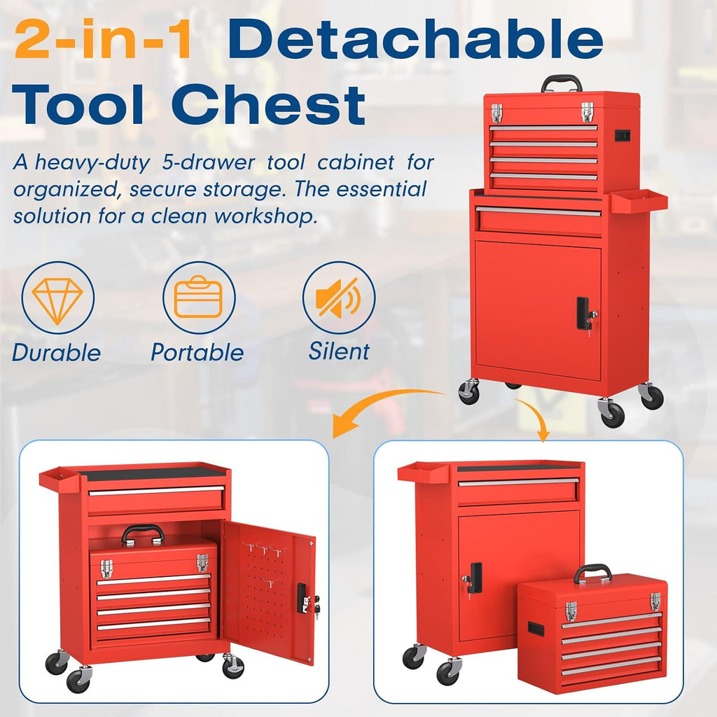 5-Drawers Tool Chest, 2-in-1 Rolling Tool Box with Wheels and Drawers, Detachable Storage Toolbox with Lock, Heavy-Duty Metal Tool Cart for Garage, Workshop (Red)