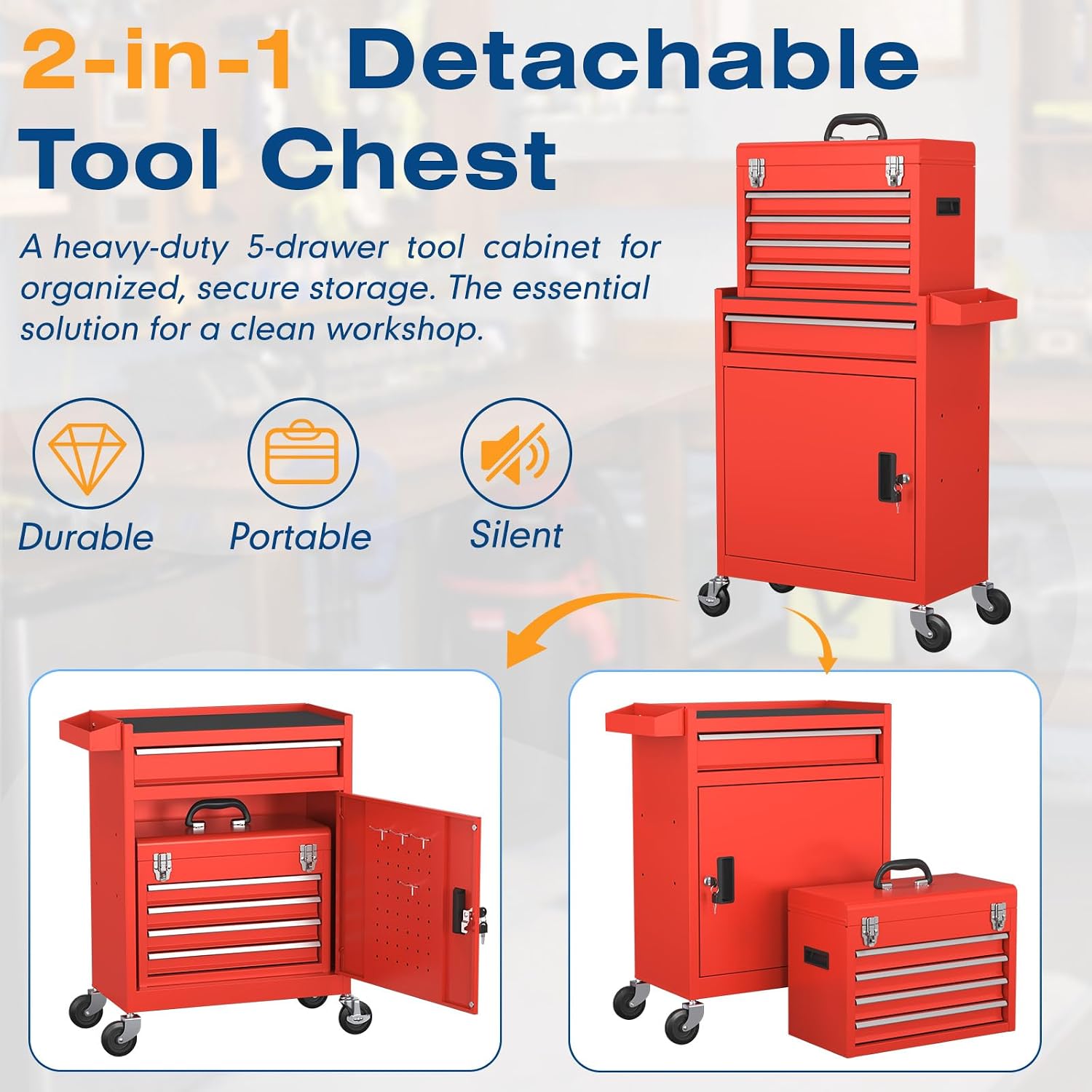 5-Drawers Tool Chest, 2-in-1 Rolling Tool Box with Wheels and Drawers, Detachable Storage Toolbox with Lock, Heavy-Duty Metal Tool Cart for Garage, Workshop (Red)