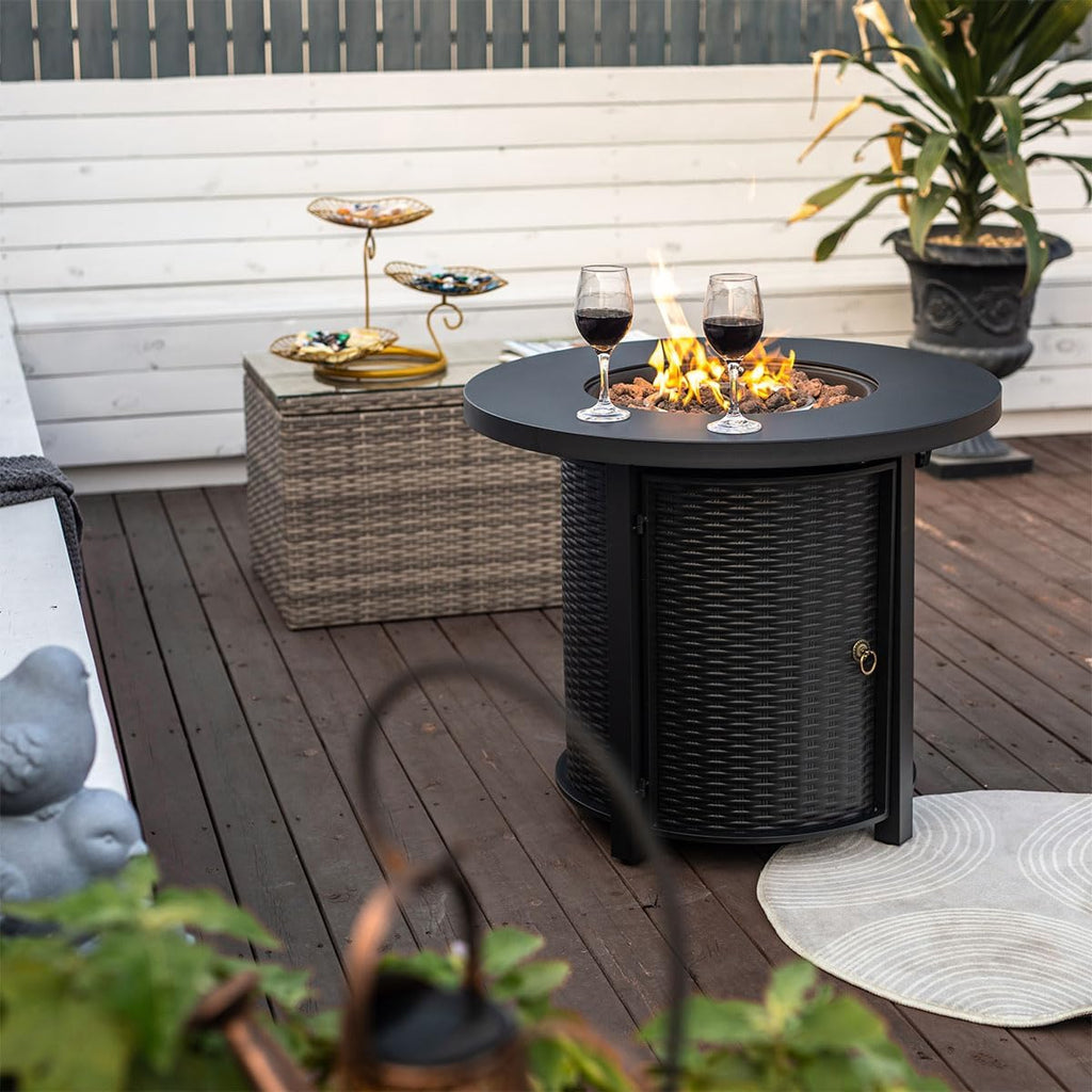 30'' Round Propane Fire Pit Table, 50,000 BTU Steel Gas FirePit for Outdoor, Fire Table with Lid, Add Warmth & Ambience to Gatherings and Parties On Patio Deck Garden Backyard, Black.