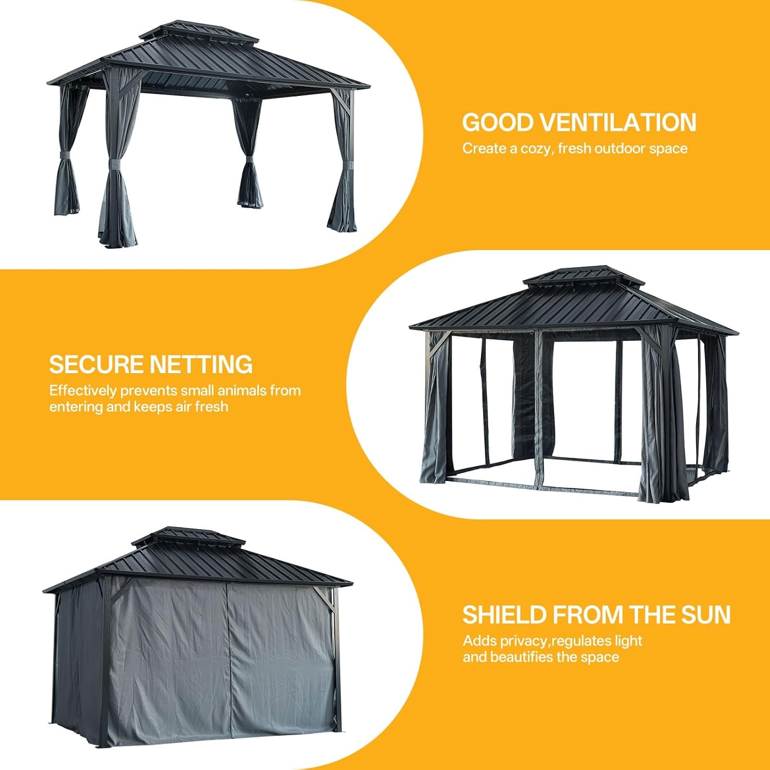 10x10 Hardtop Aluminum Gazebo, Outdoor Metal Gazebo with Netting & Curtains - Heavy Duty Iron Roof for Patios, Waterproof & Snow Load Resistant (Double Hardtop with Curtain & Netting)