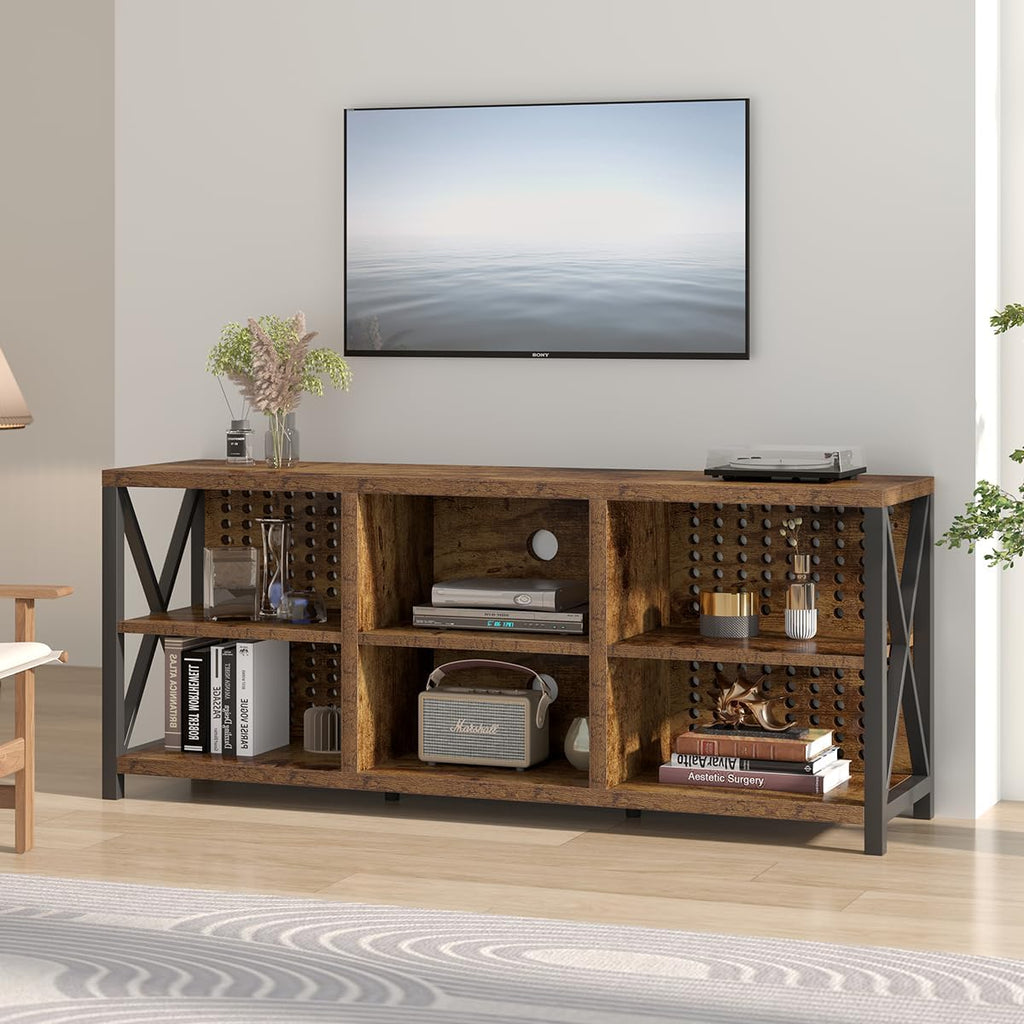 LVB TV Stand for 75 Inch TV, Industrial Wood and Metal Entertainment Center with Storage Shelf, Modern Television Media Console Table with Cabinet for Living Room Bedroom, Rustic Brown, 63in