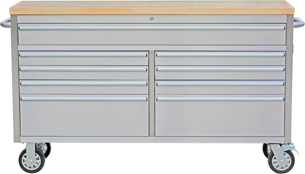 IDEALHOUSE 61 inch Rolling Tool Chest, Garage Workbench with 9 Drawers, Solid Rubber Wood Top & with Wheels Lock Key Locking, Mobile Workstation Tool Cabinet for Workshop Storage