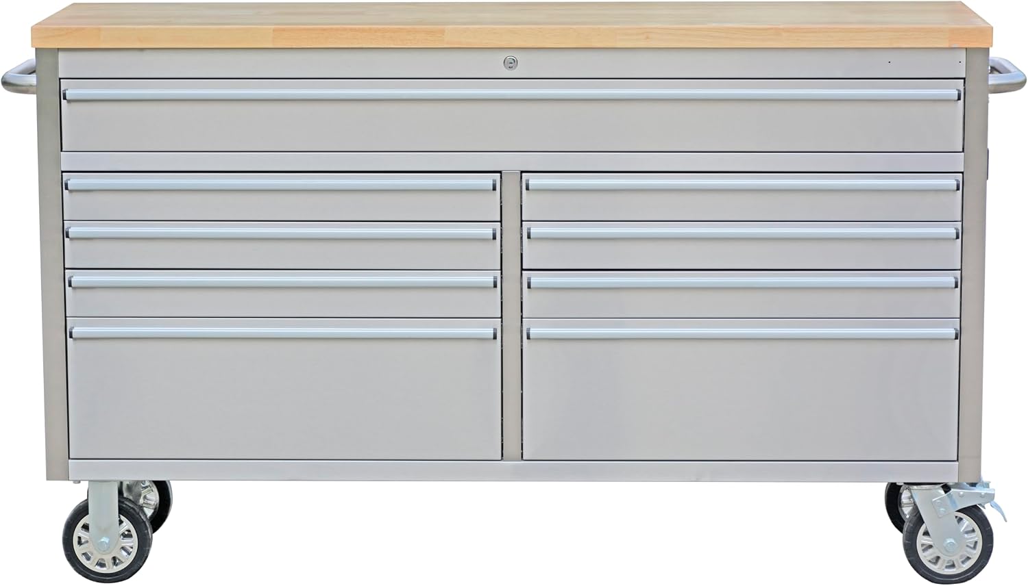 IDEALHOUSE 61 inch Rolling Tool Chest, Garage Workbench with 9 Drawers, Solid Rubber Wood Top & with Wheels Lock Key Locking, Mobile Workstation Tool Cabinet for Workshop Storage