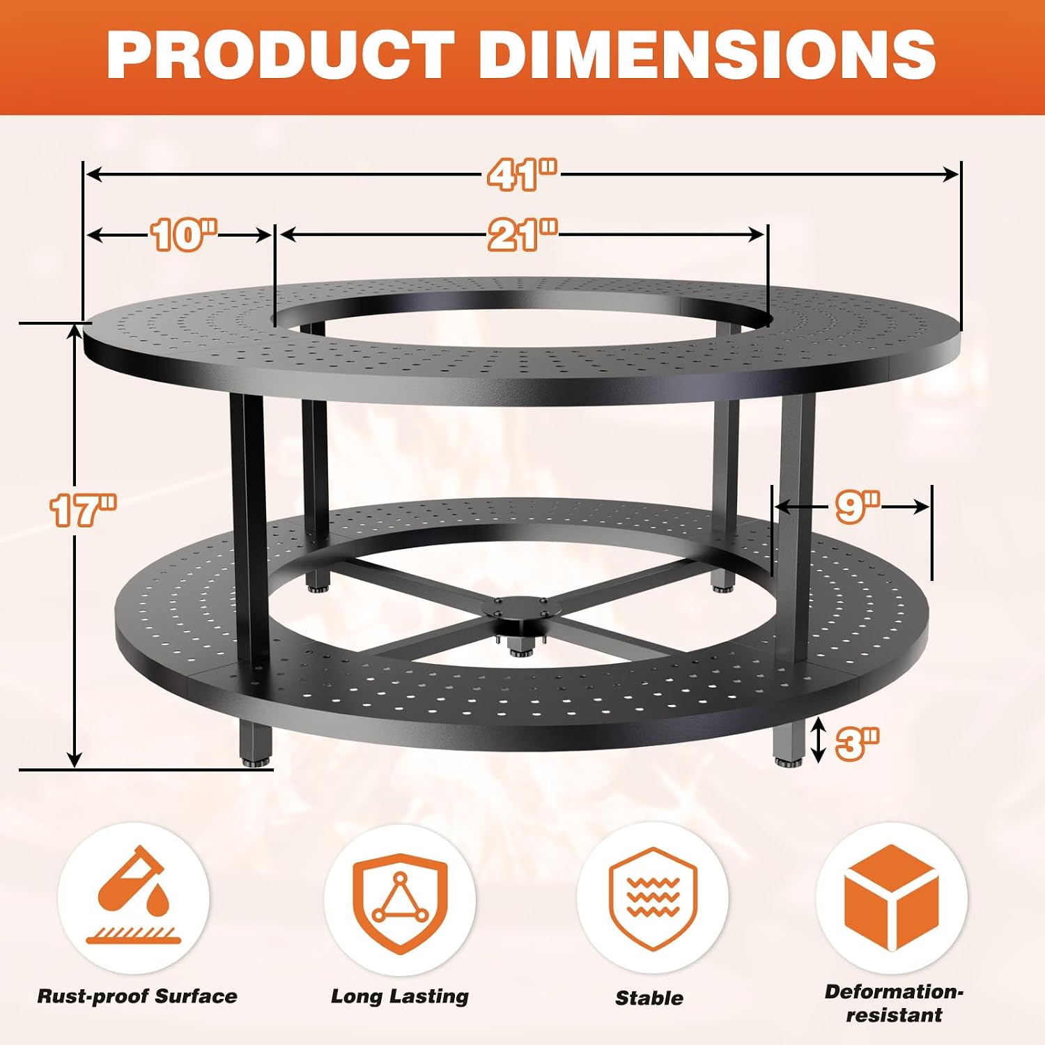 Fire Pit Surround Tabletop for Solo Stove Bonfire 1.0&2.0,Ranger 1.0&2.0, 41' Fire Pit Surround Tabletop with Wood Storage Shelf,Powder-Coated Steel Surround Tabletop with Extra Space and Raised Stand